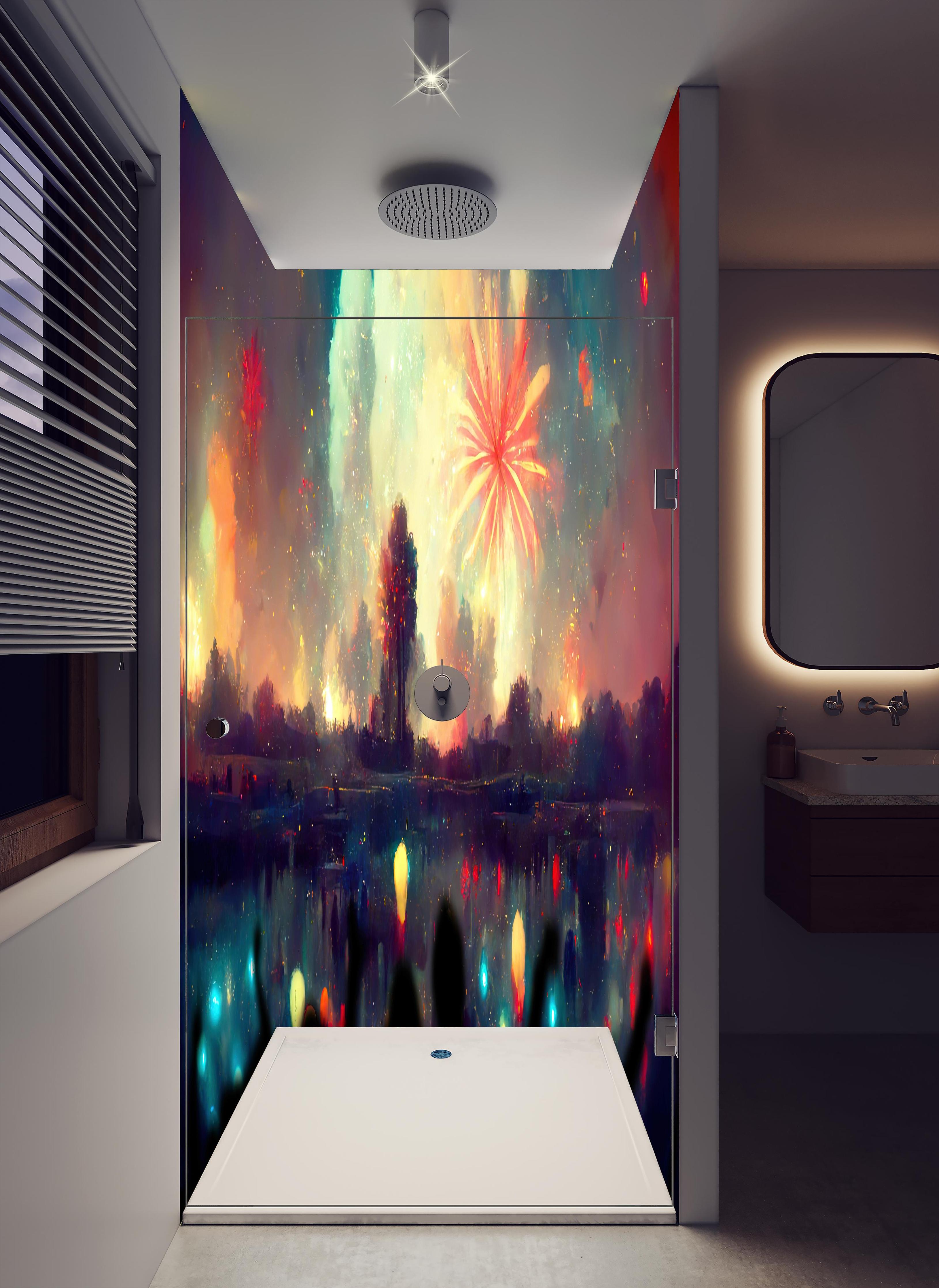 Duschrückwand - Silvesternacht - Illustration in hellem Badezimmer mit Regenduschkopf - zweiteilige Eck-Duschrückwand