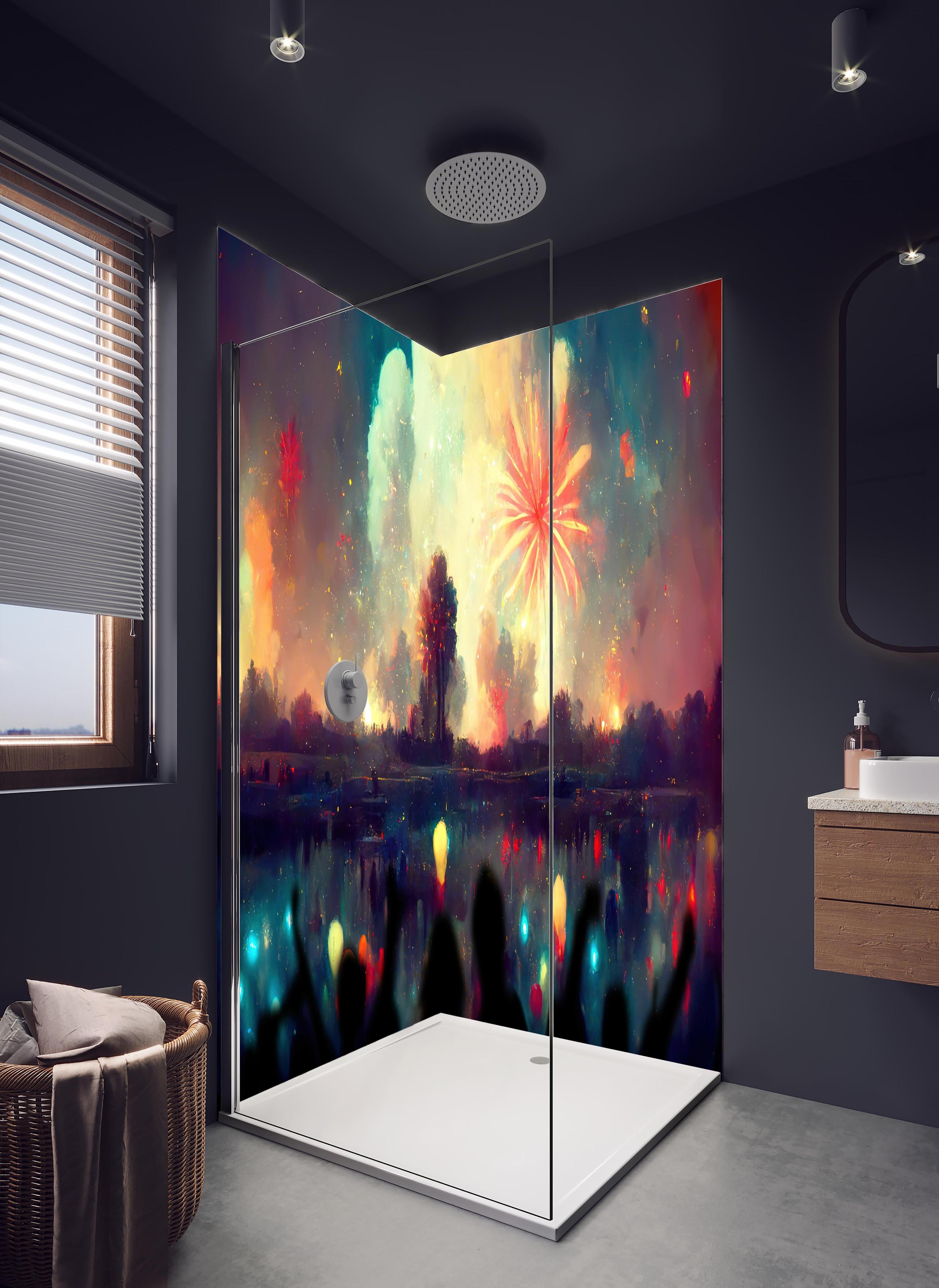 Duschrückwand - Silvesternacht - Illustration in hellem Badezimmer mit Regenduschkopf - zweiteilige Eck-Duschrückwand