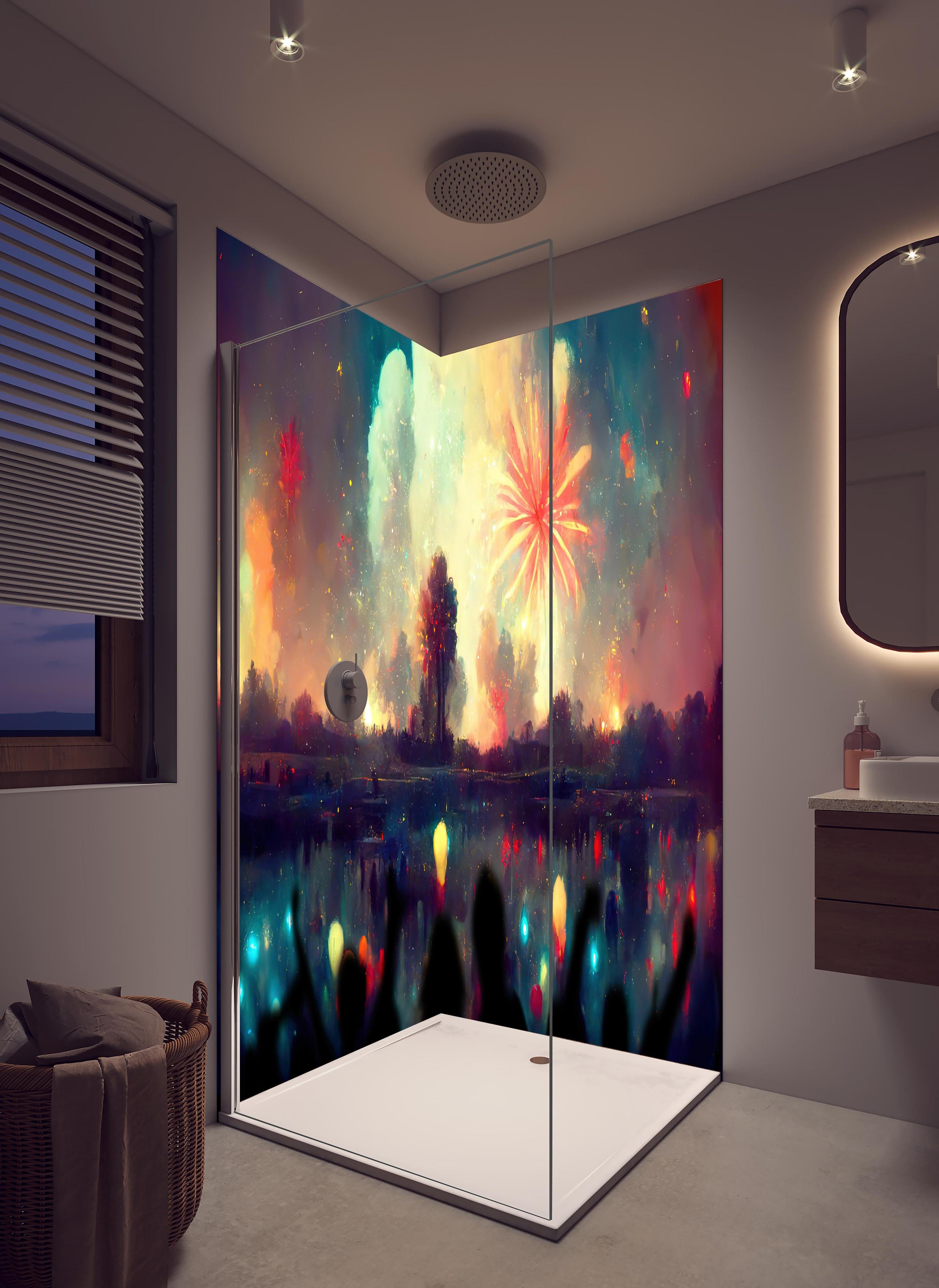Duschrückwand - Silvesternacht - Illustration in hellem Badezimmer mit Regenduschkopf - zweiteilige Eck-Duschrückwand