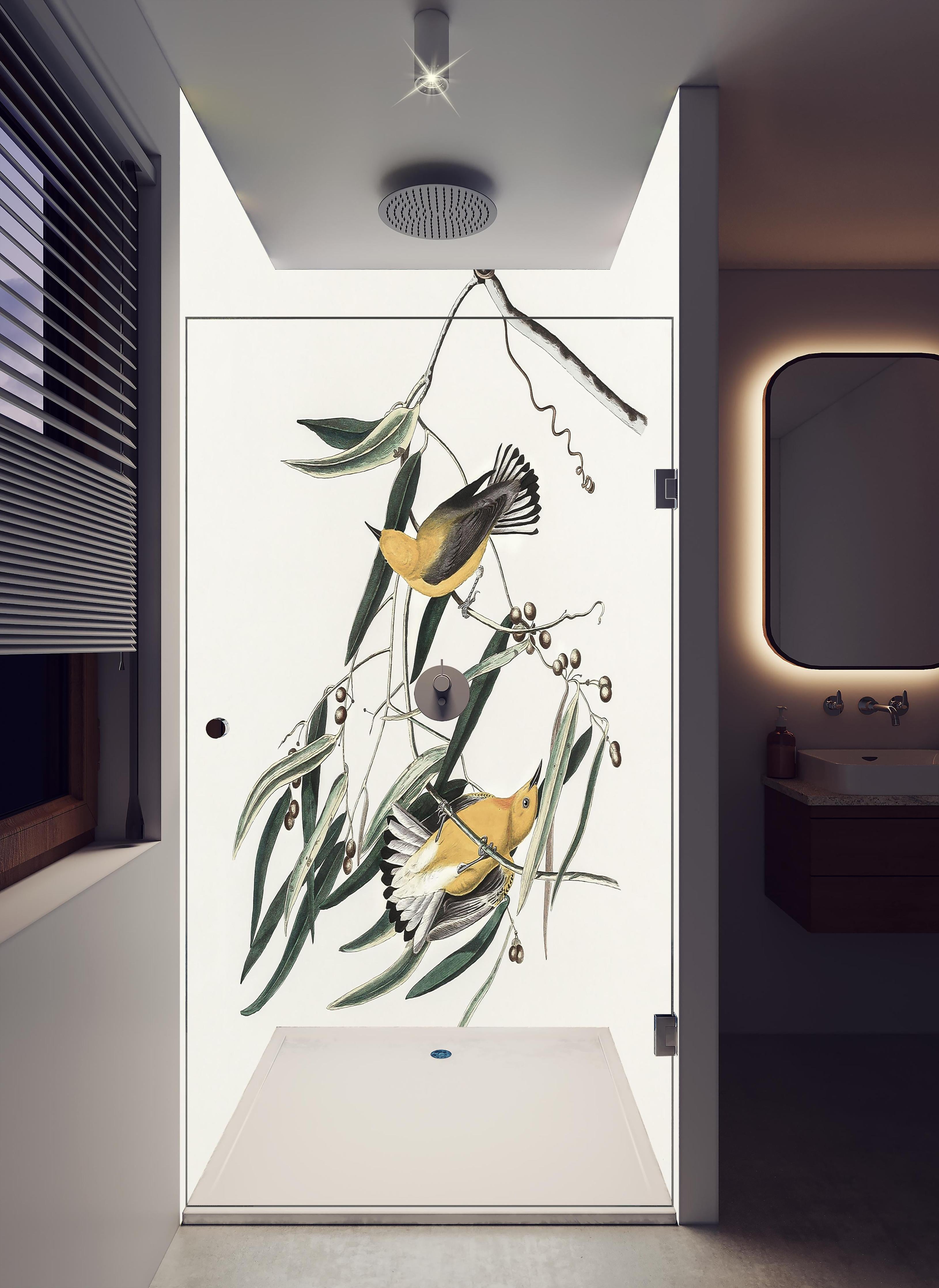 Duschrückwand - Singvogel Portrait - John James Audubon in hellem Badezimmer mit Regenduschkopf - zweiteilige Eck-Duschrückwand