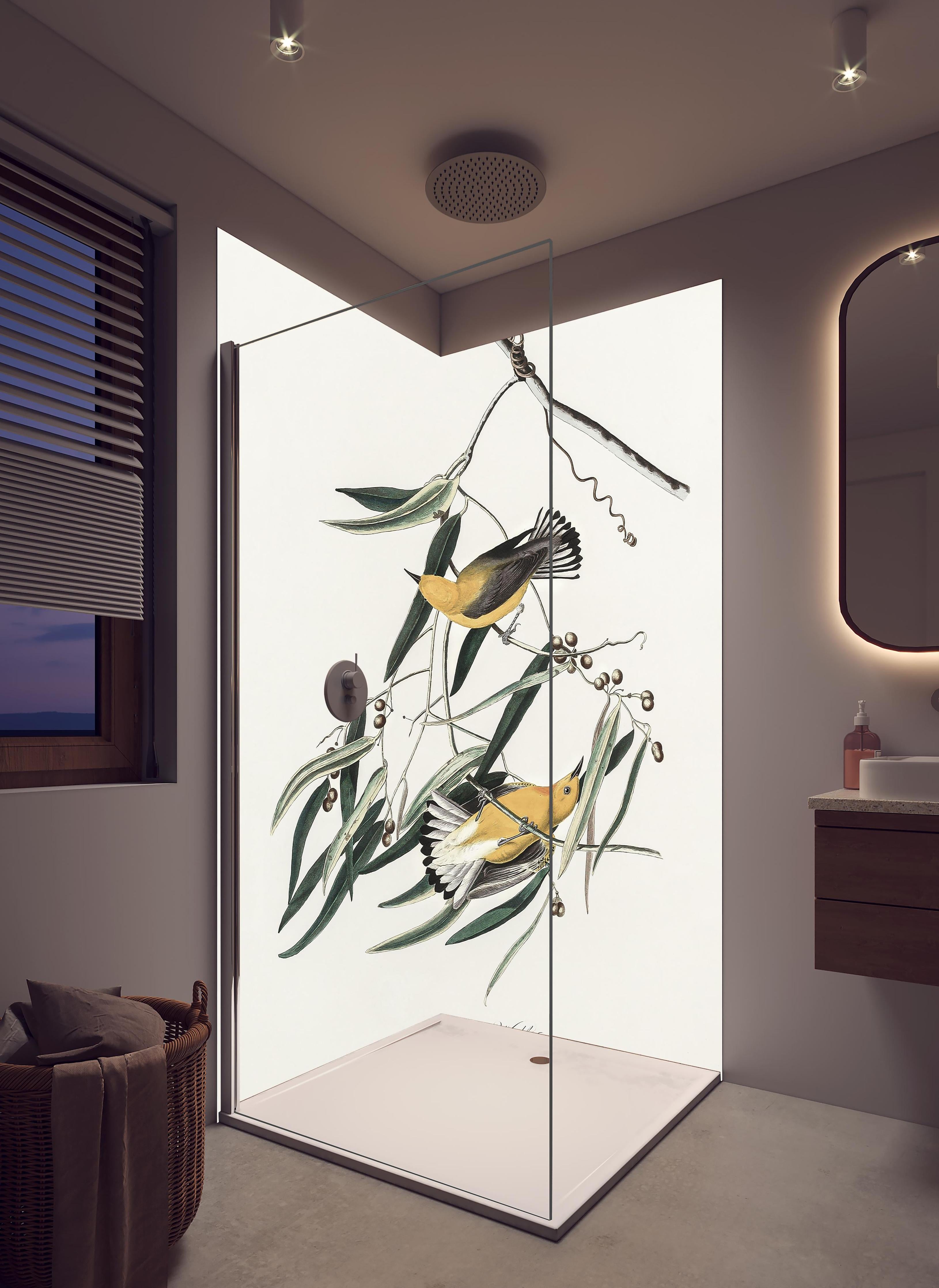 Duschrückwand - Singvogel Portrait - John James Audubon in hellem Badezimmer mit Regenduschkopf - zweiteilige Eck-Duschrückwand
