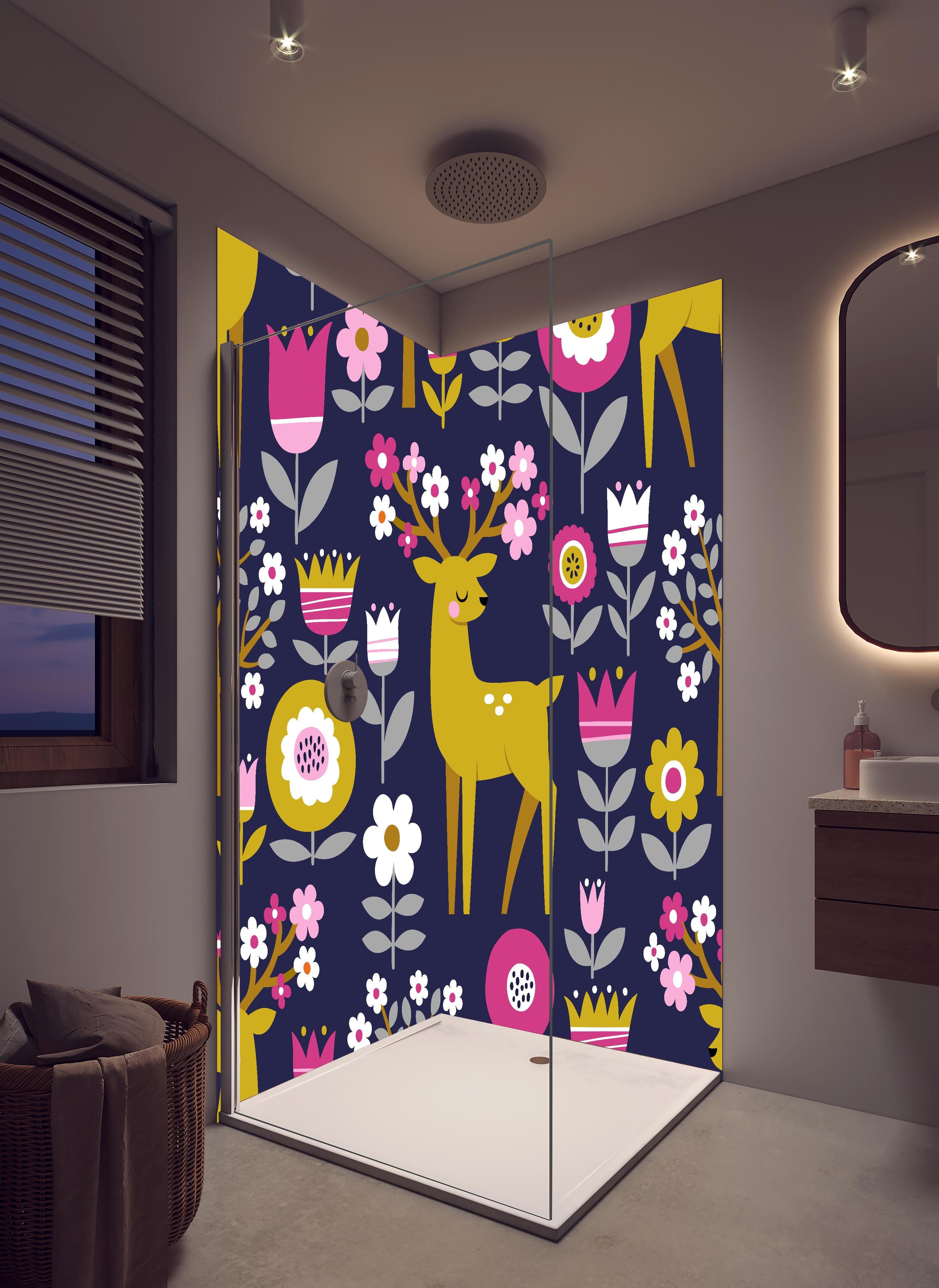 Duschrückwand - Skandinavische Waldtiere & Blumen Muster in hellem Badezimmer mit Regenduschkopf - zweiteilige Eck-Duschrückwand