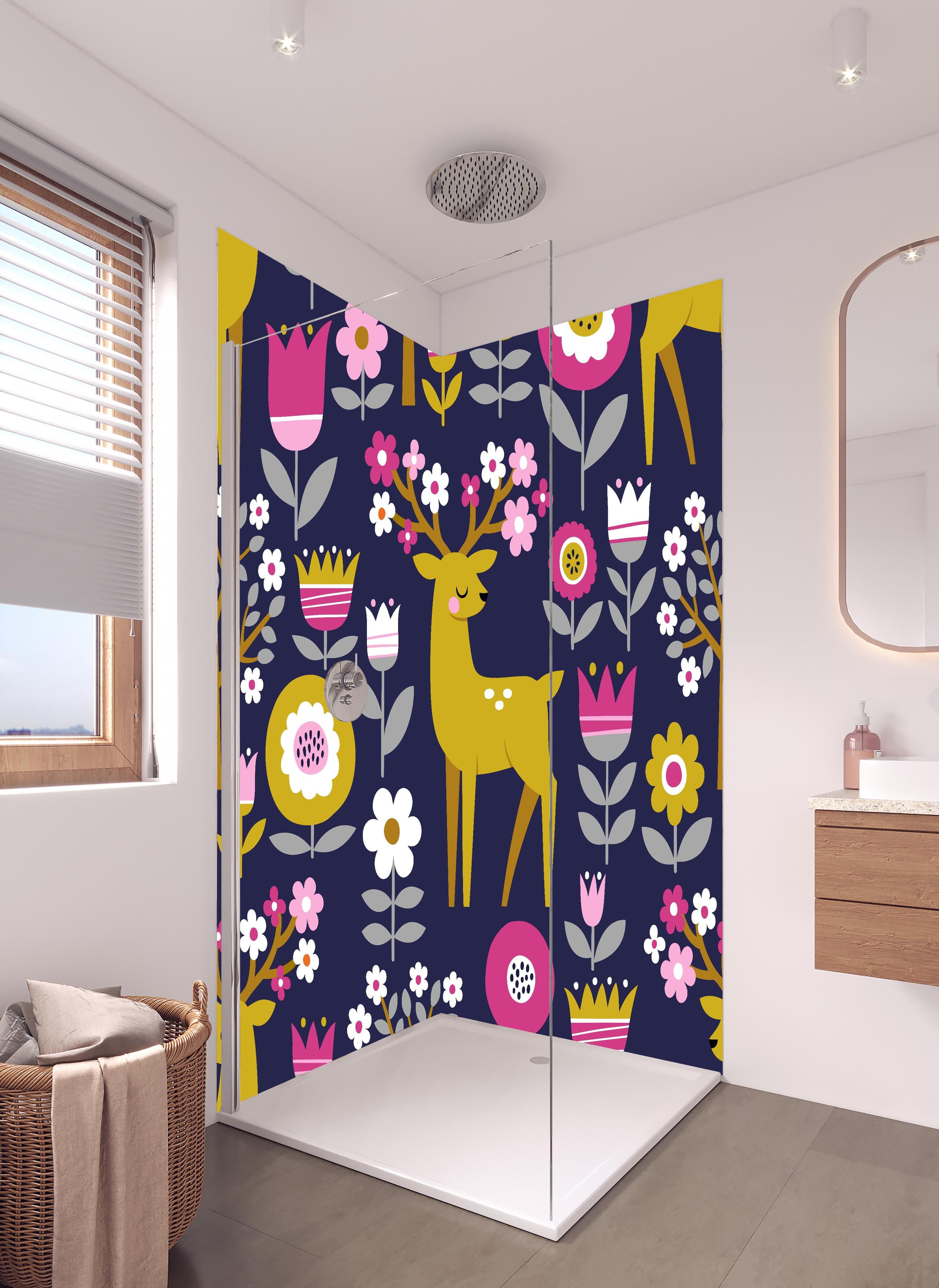 Duschrückwand - Skandinavisches Muster mit Frühlingsflair in hellem Badezimmer mit Regenduschkopf - zweiteilige Eck-Duschrückwand