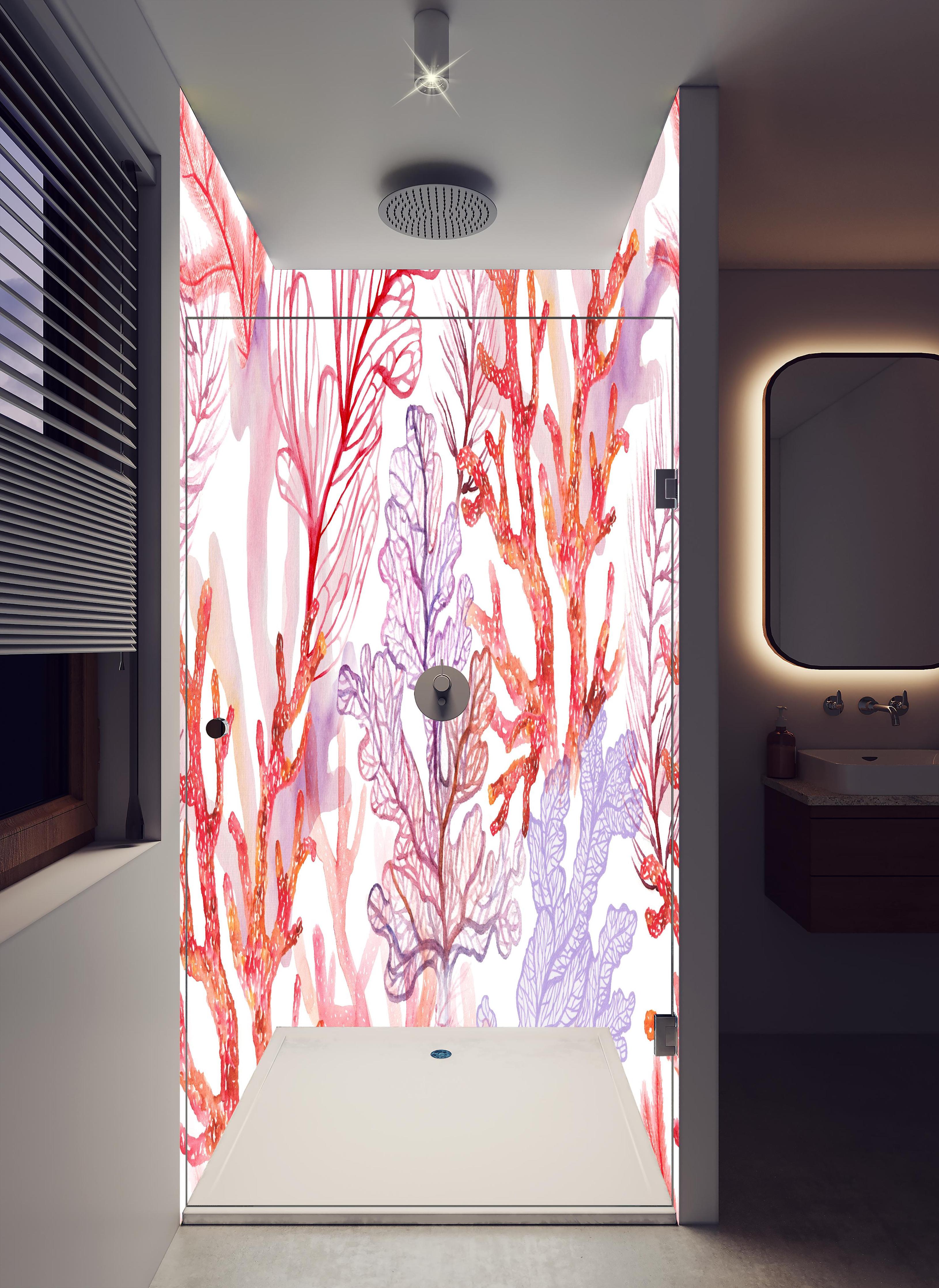 Duschrückwand - Skizzierte Korallen der Unterwasserwelt in hellem Badezimmer mit Regenduschkopf - zweiteilige Eck-Duschrückwand