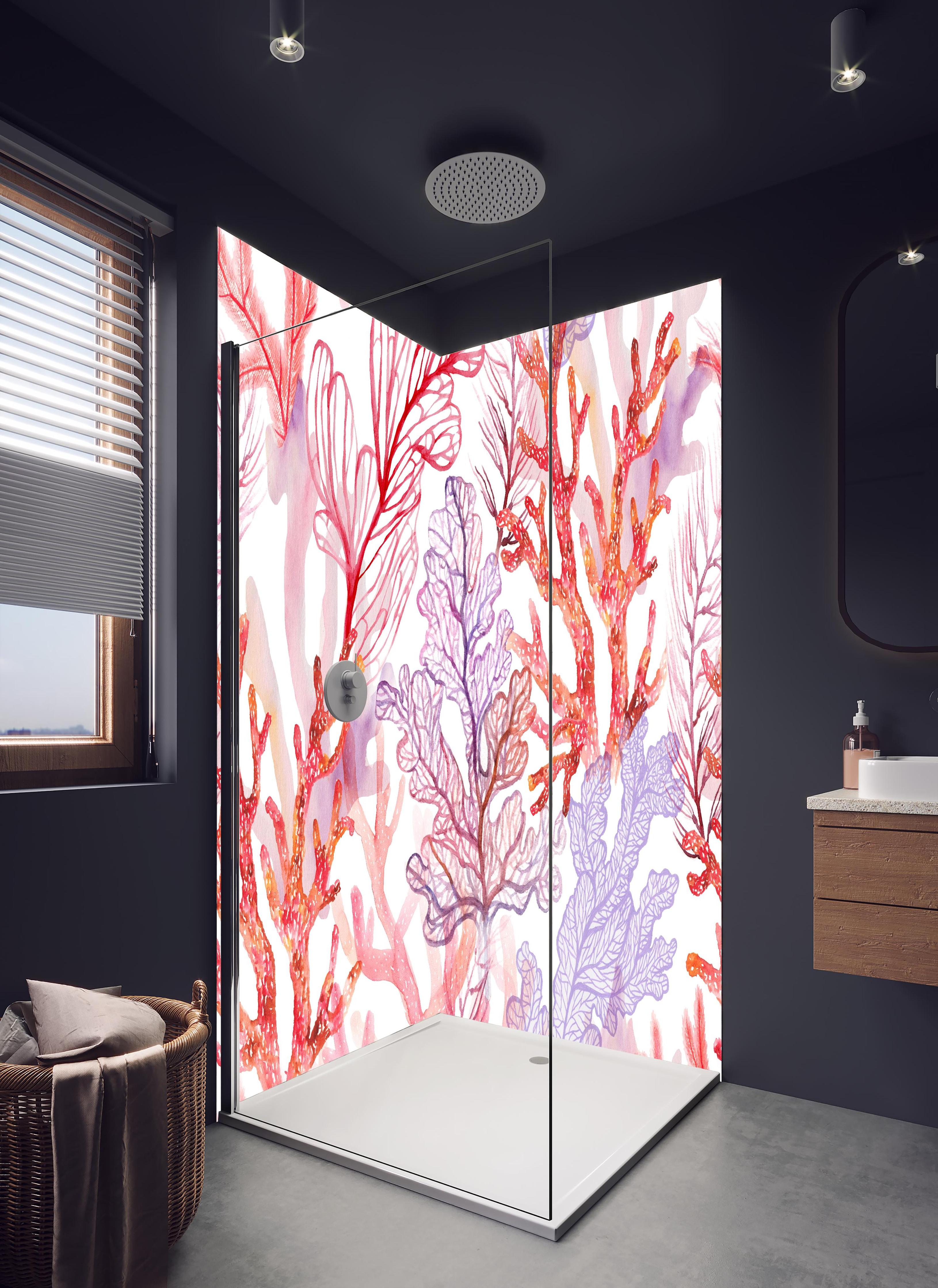 Duschrückwand - Skizzierte Korallen der Unterwasserwelt in hellem Badezimmer mit Regenduschkopf - zweiteilige Eck-Duschrückwand