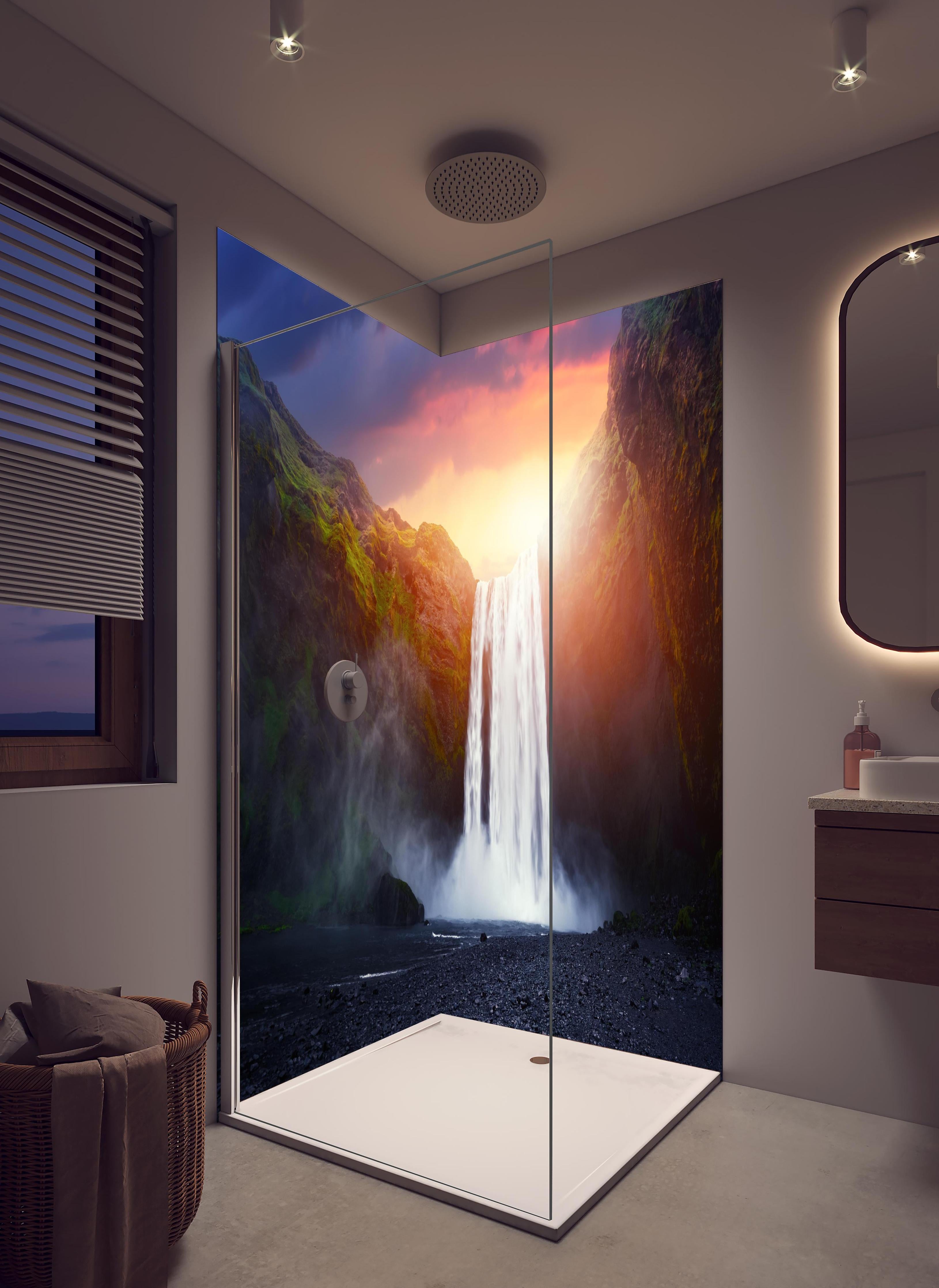 Duschrückwand - Skogafoss Wasserfall bei Sonnenuntergang in hellem Badezimmer mit Regenduschkopf - zweiteilige Eck-Duschrückwand