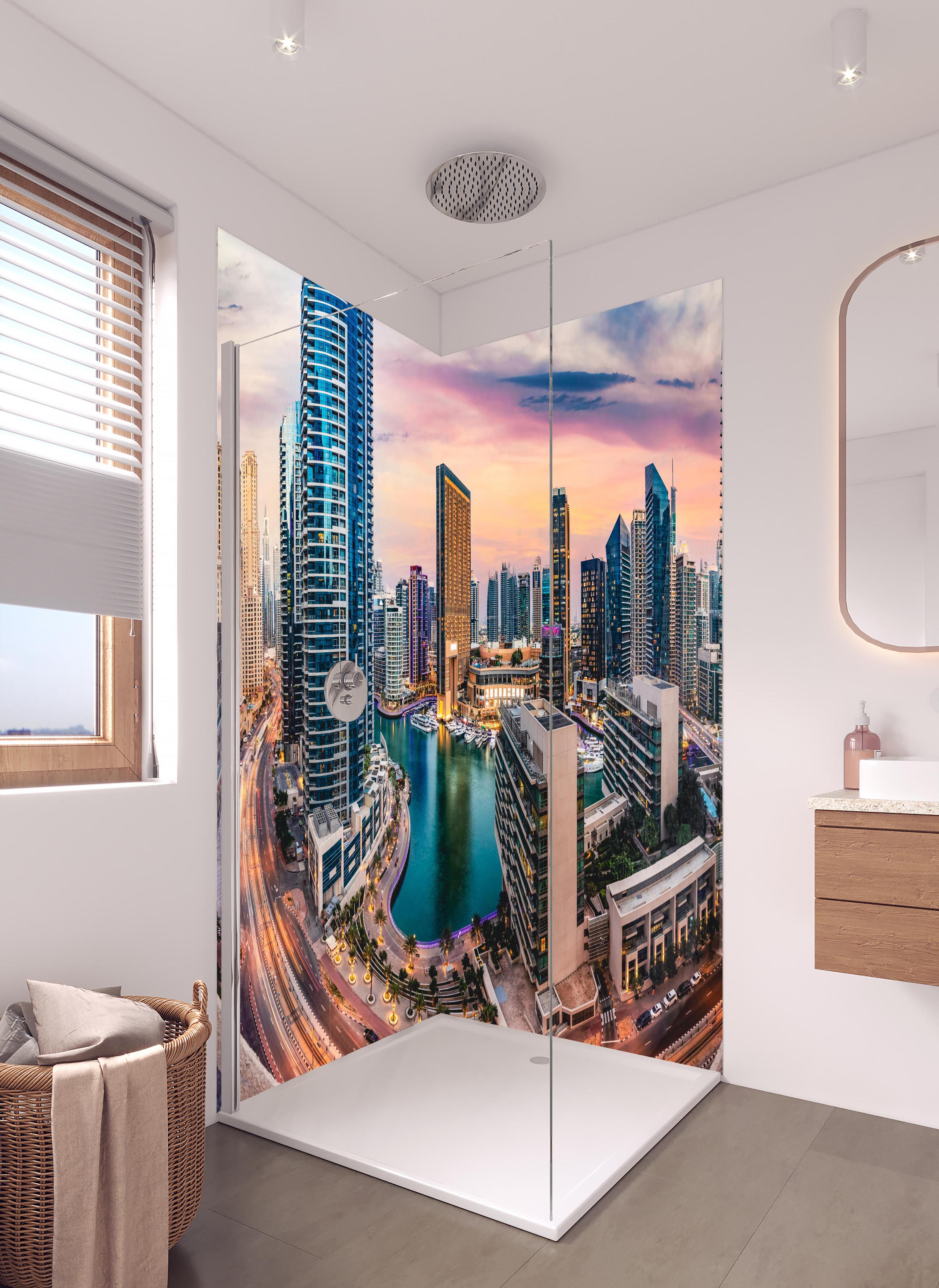 Duschrückwand - Skyline des Jachthafens von Dubai bei Sonnenuntergang in hellem Badezimmer mit Regenduschkopf - zweiteilige Eck-Duschrückwand