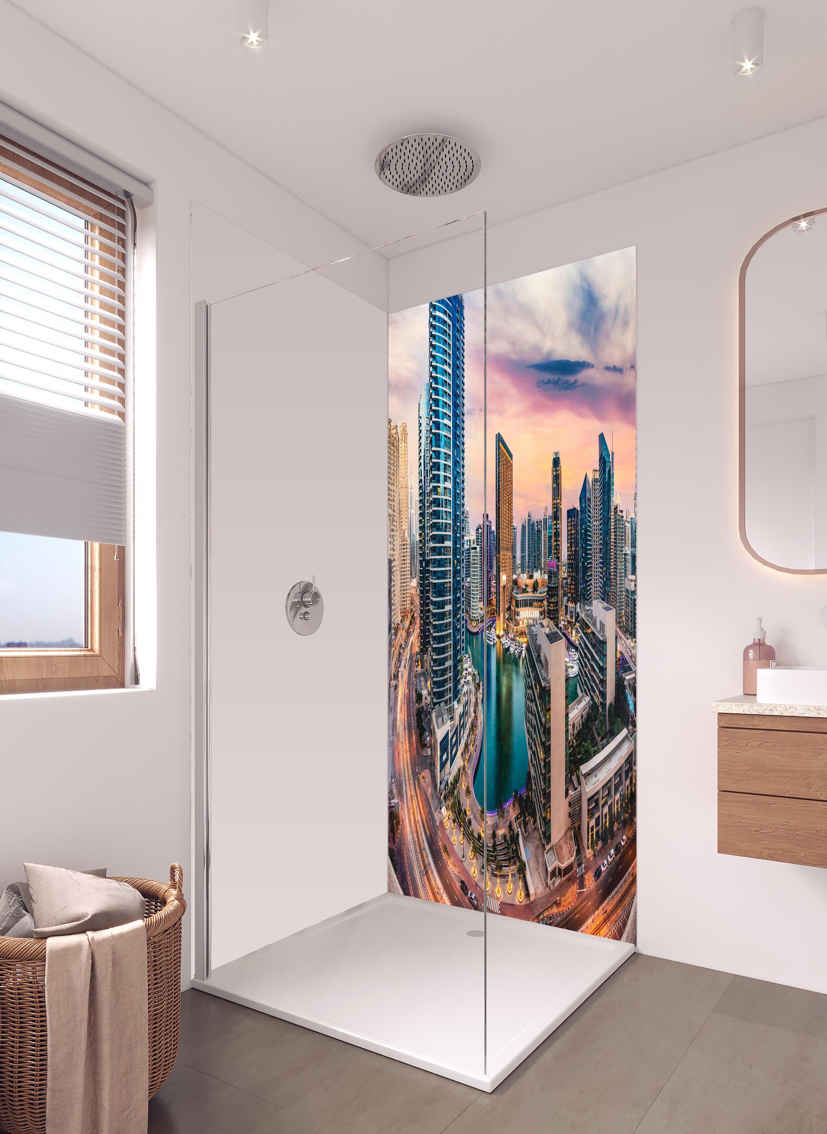 Duschrückwand - Skyline des Jachthafens von Dubai bei Sonnenuntergang in hellem Badezimmer mit Regenduschkopf - zweiteilige Eck-Duschrückwand