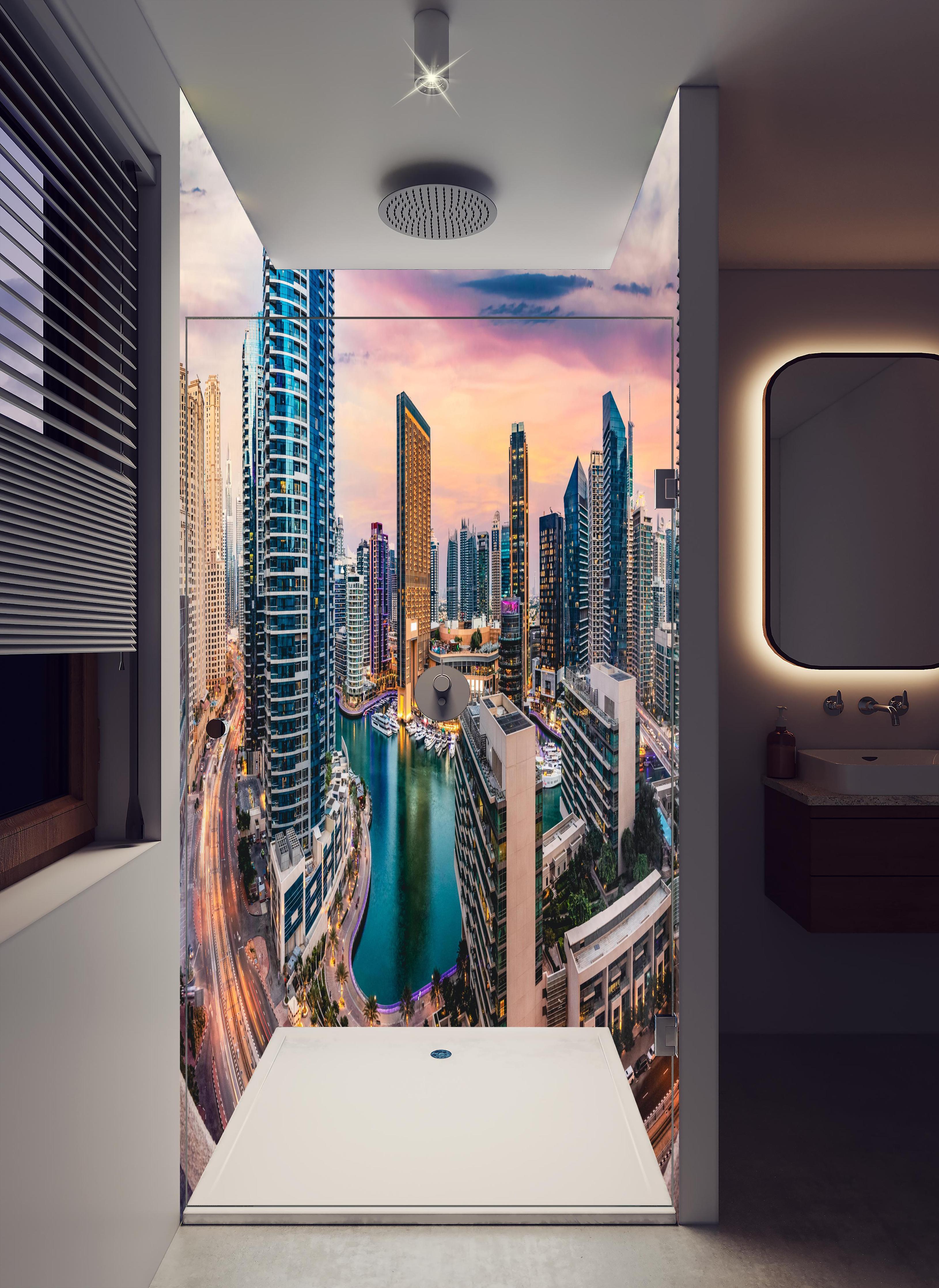 Duschrückwand - Skyline des Jachthafens von Dubai bei Sonnenuntergang in hellem Badezimmer mit Regenduschkopf - zweiteilige Eck-Duschrückwand