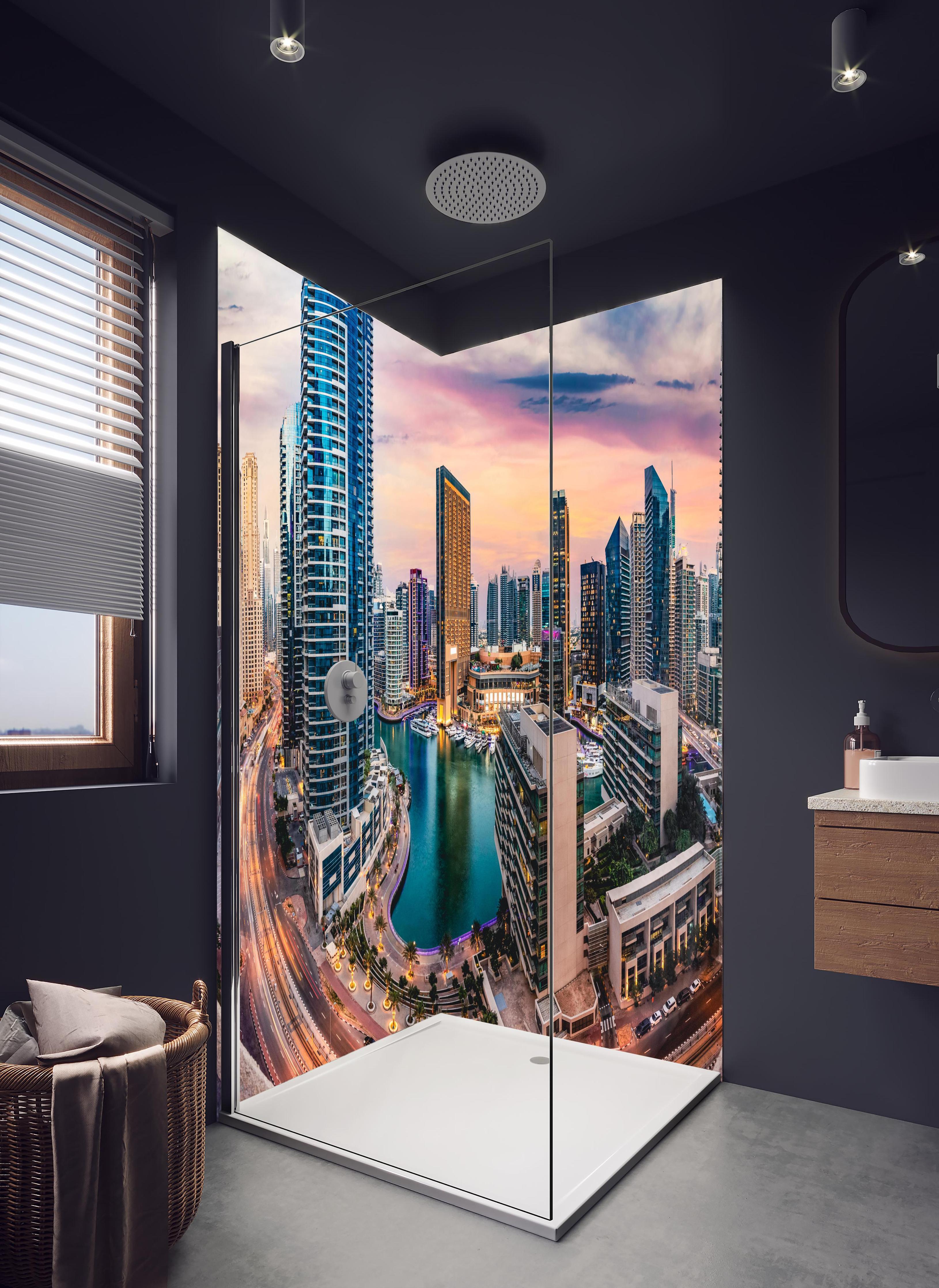 Duschrückwand - Skyline des Jachthafens von Dubai bei Sonnenuntergang in hellem Badezimmer mit Regenduschkopf - zweiteilige Eck-Duschrückwand