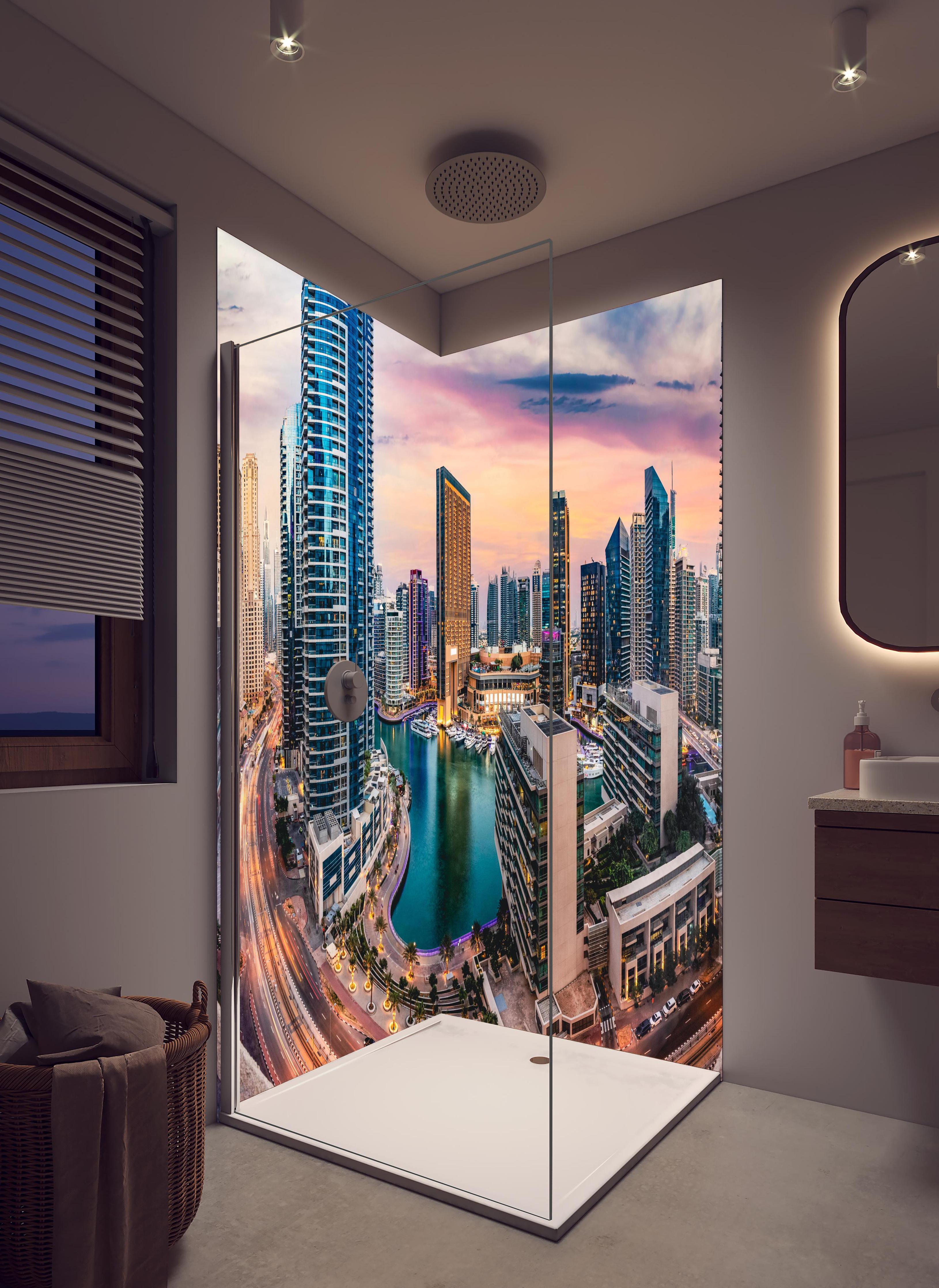 Duschrückwand - Skyline des Jachthafens von Dubai bei Sonnenuntergang in hellem Badezimmer mit Regenduschkopf - zweiteilige Eck-Duschrückwand