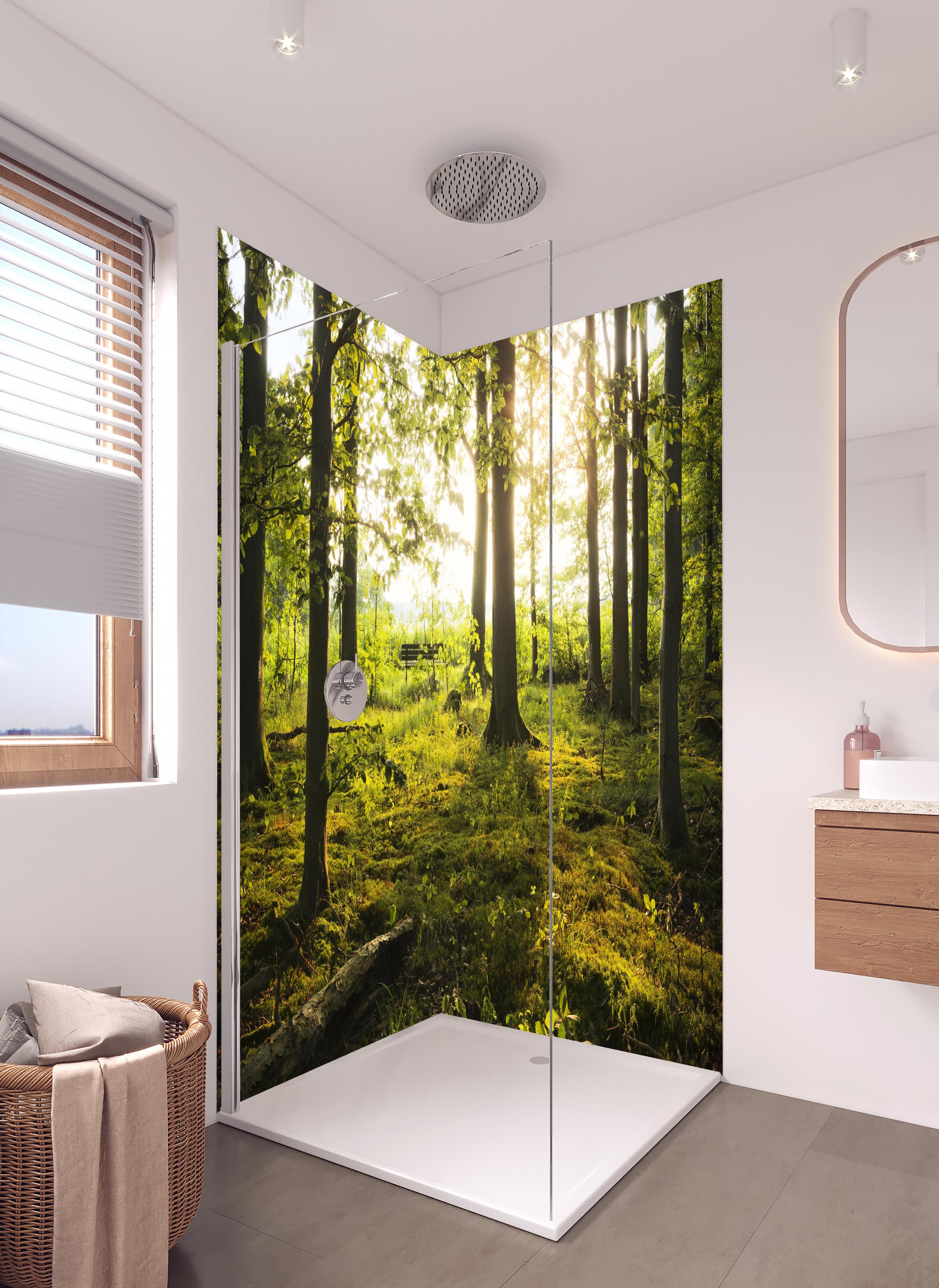 Duschrückwand - Sommer Wald in hellem Badezimmer mit Regenduschkopf - zweiteilige Eck-Duschrückwand