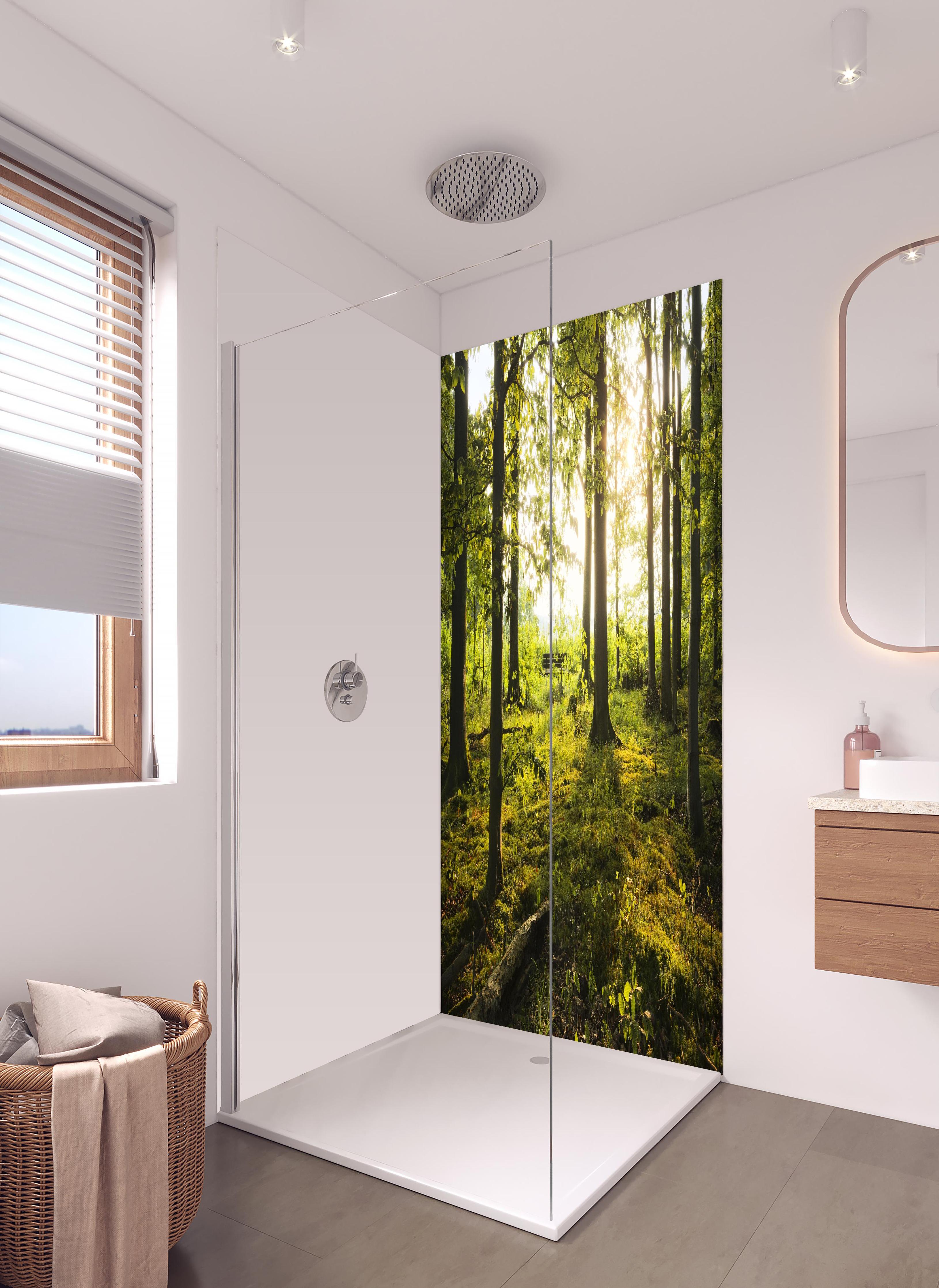Duschrückwand - Sommer Wald in hellem Badezimmer mit Regenduschkopf - zweiteilige Eck-Duschrückwand