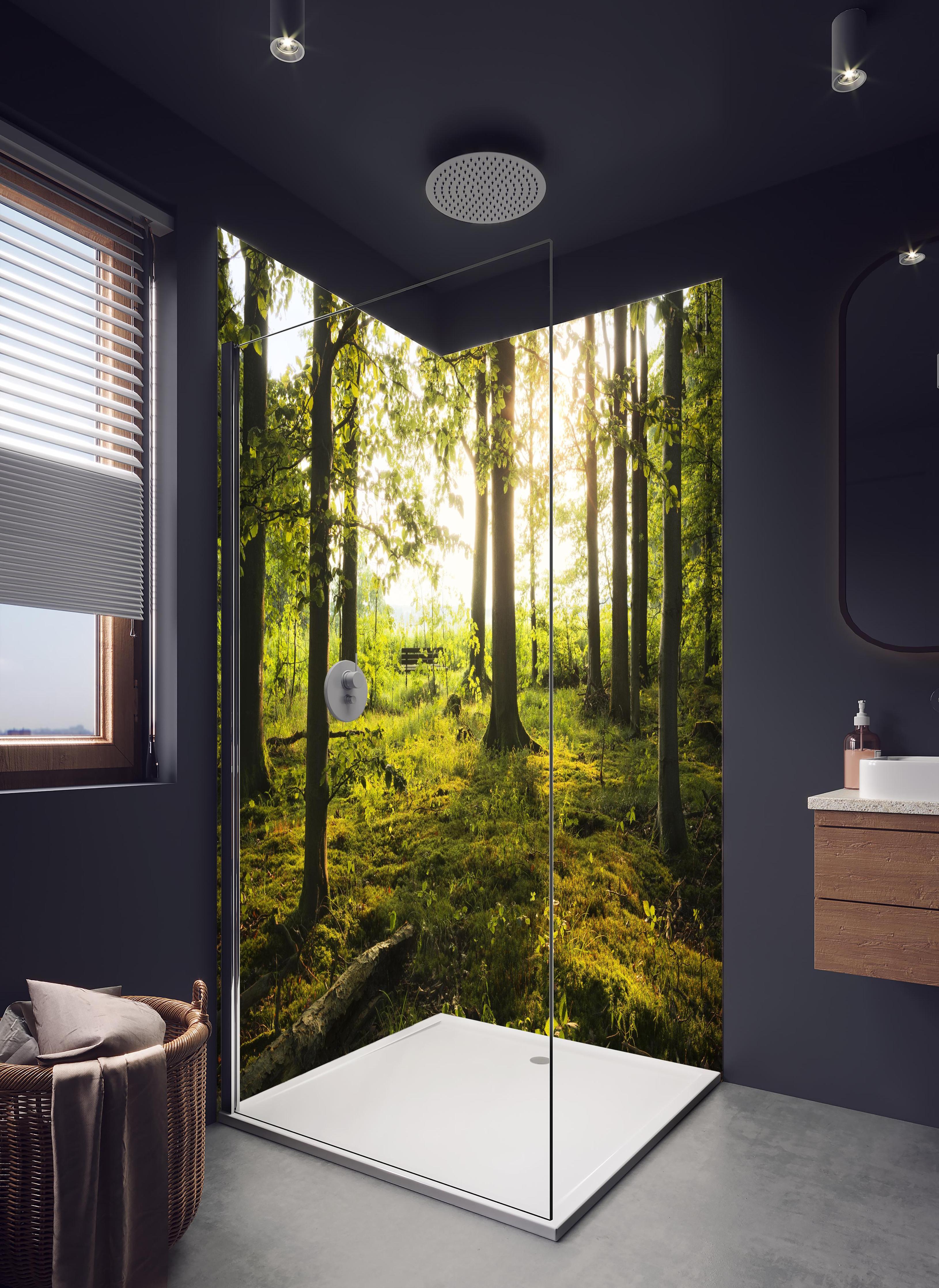Duschrückwand - Sommer Wald in hellem Badezimmer mit Regenduschkopf - zweiteilige Eck-Duschrückwand