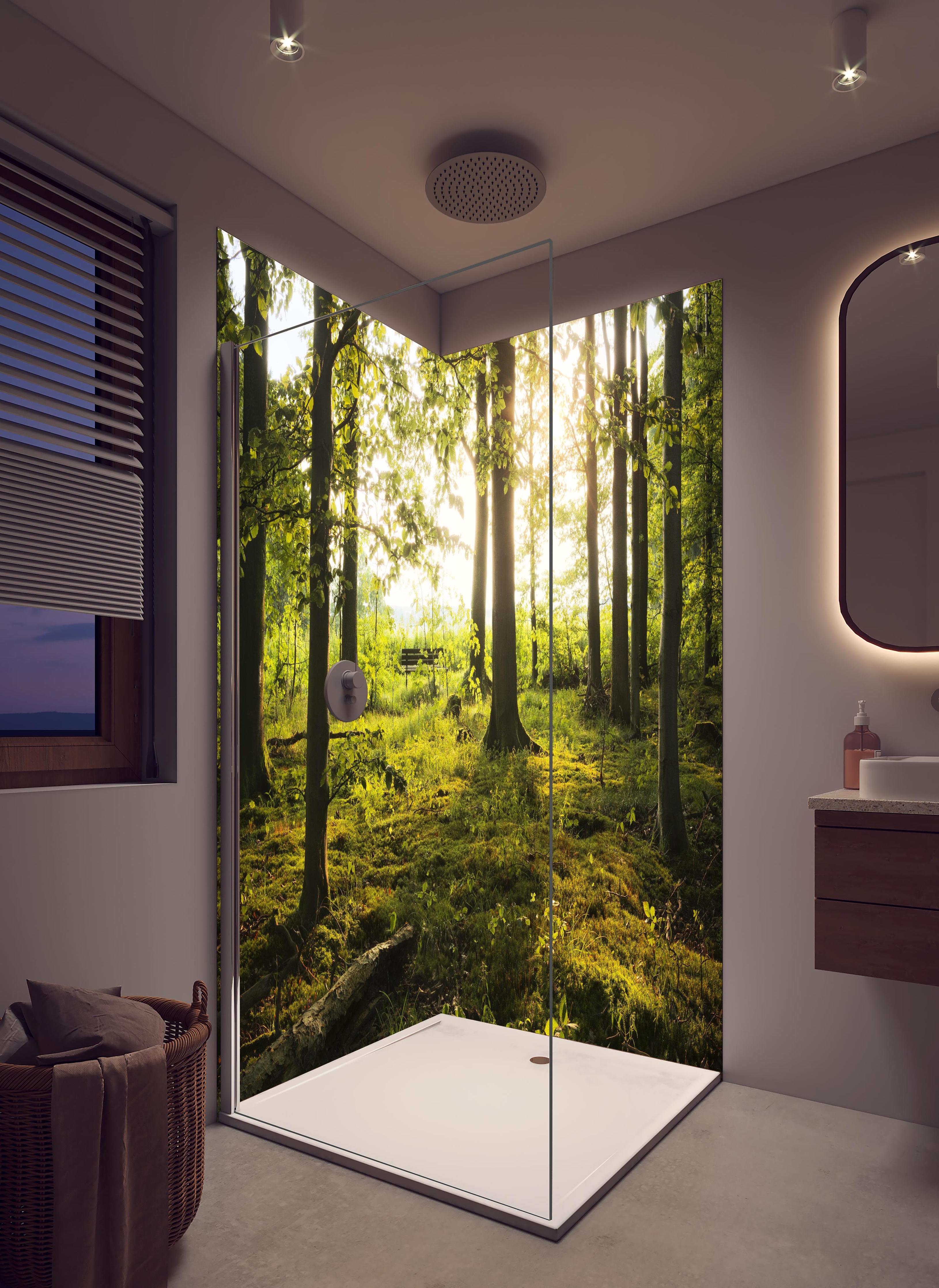 Duschrückwand - Sommer Wald in hellem Badezimmer mit Regenduschkopf - zweiteilige Eck-Duschrückwand