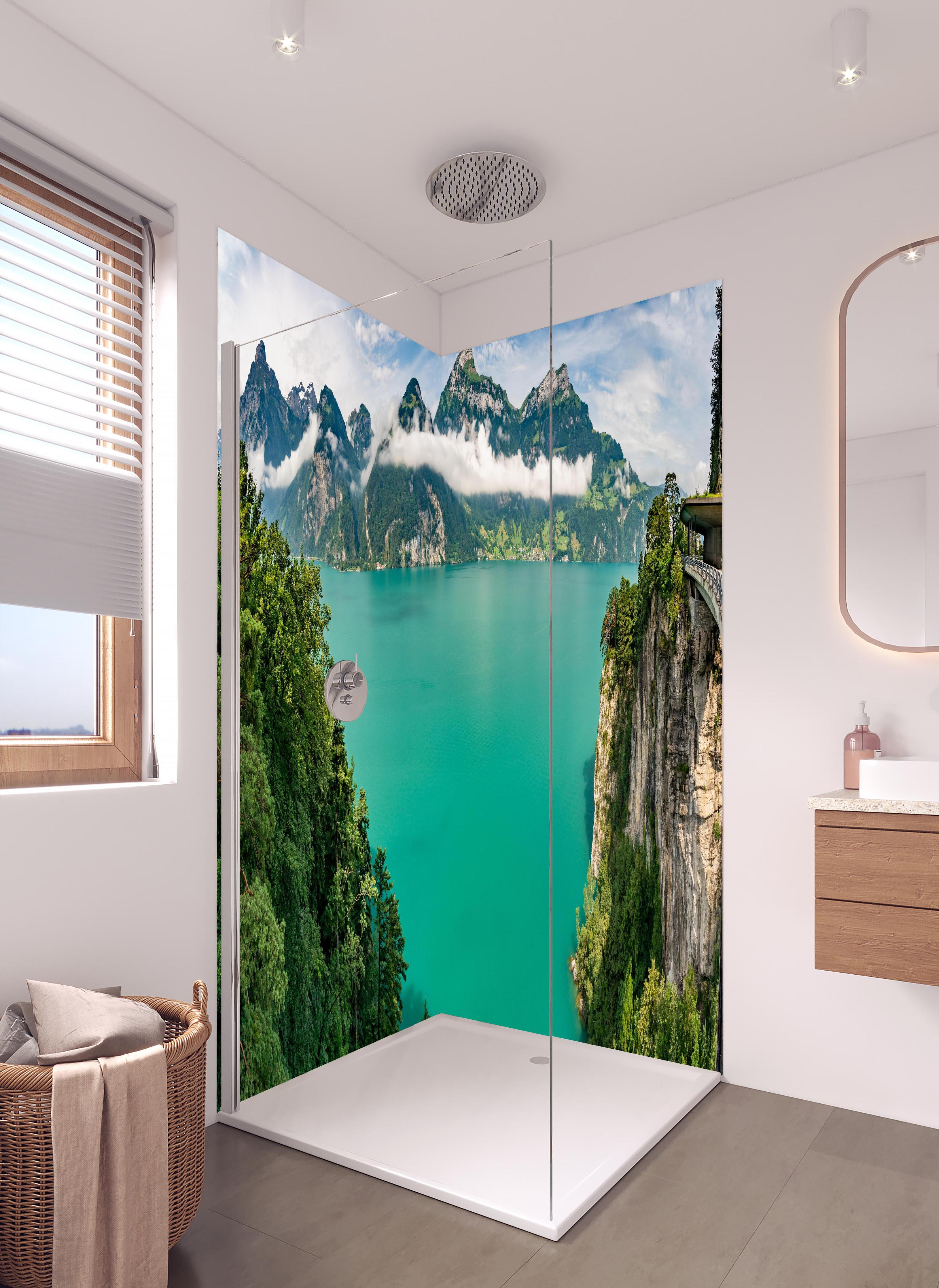 Duschrückwand - Sommeralpen im Blick- Schweiz in hellem Badezimmer mit Regenduschkopf - zweiteilige Eck-Duschrückwand