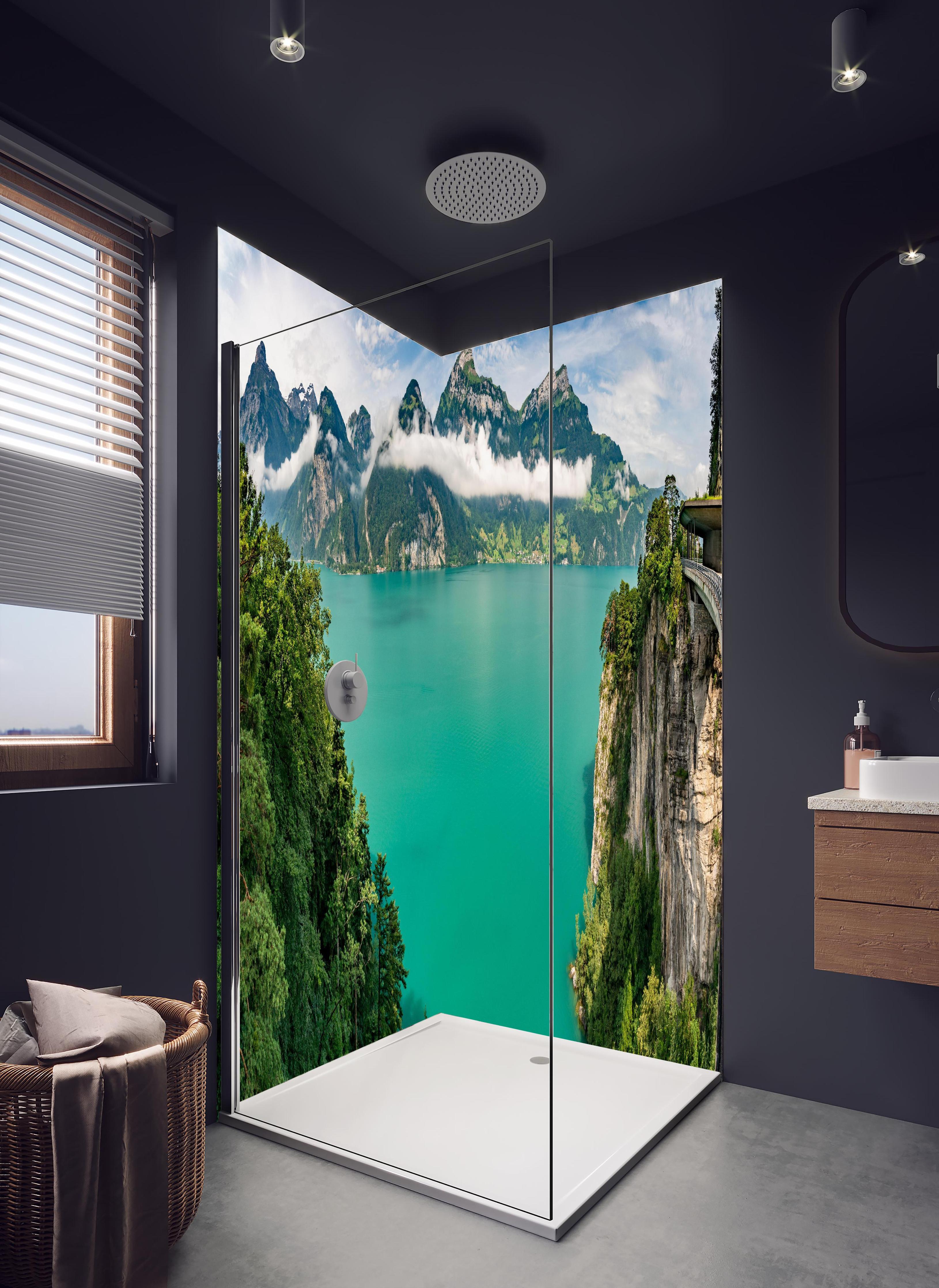 Duschrückwand - Sommeralpen im Blick- Schweiz in hellem Badezimmer mit Regenduschkopf - zweiteilige Eck-Duschrückwand