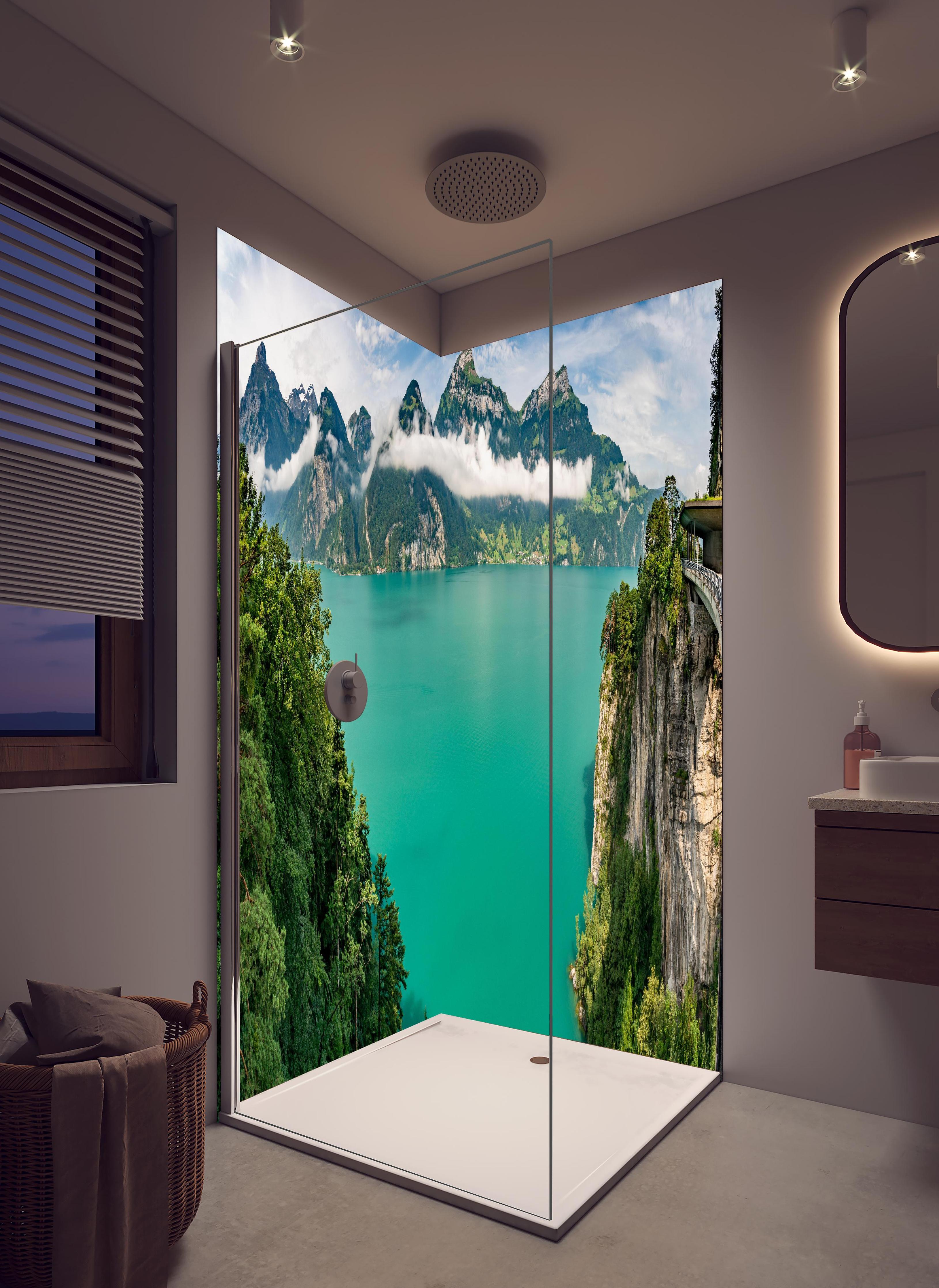 Duschrückwand - Sommeralpen im Blick- Schweiz in hellem Badezimmer mit Regenduschkopf - zweiteilige Eck-Duschrückwand