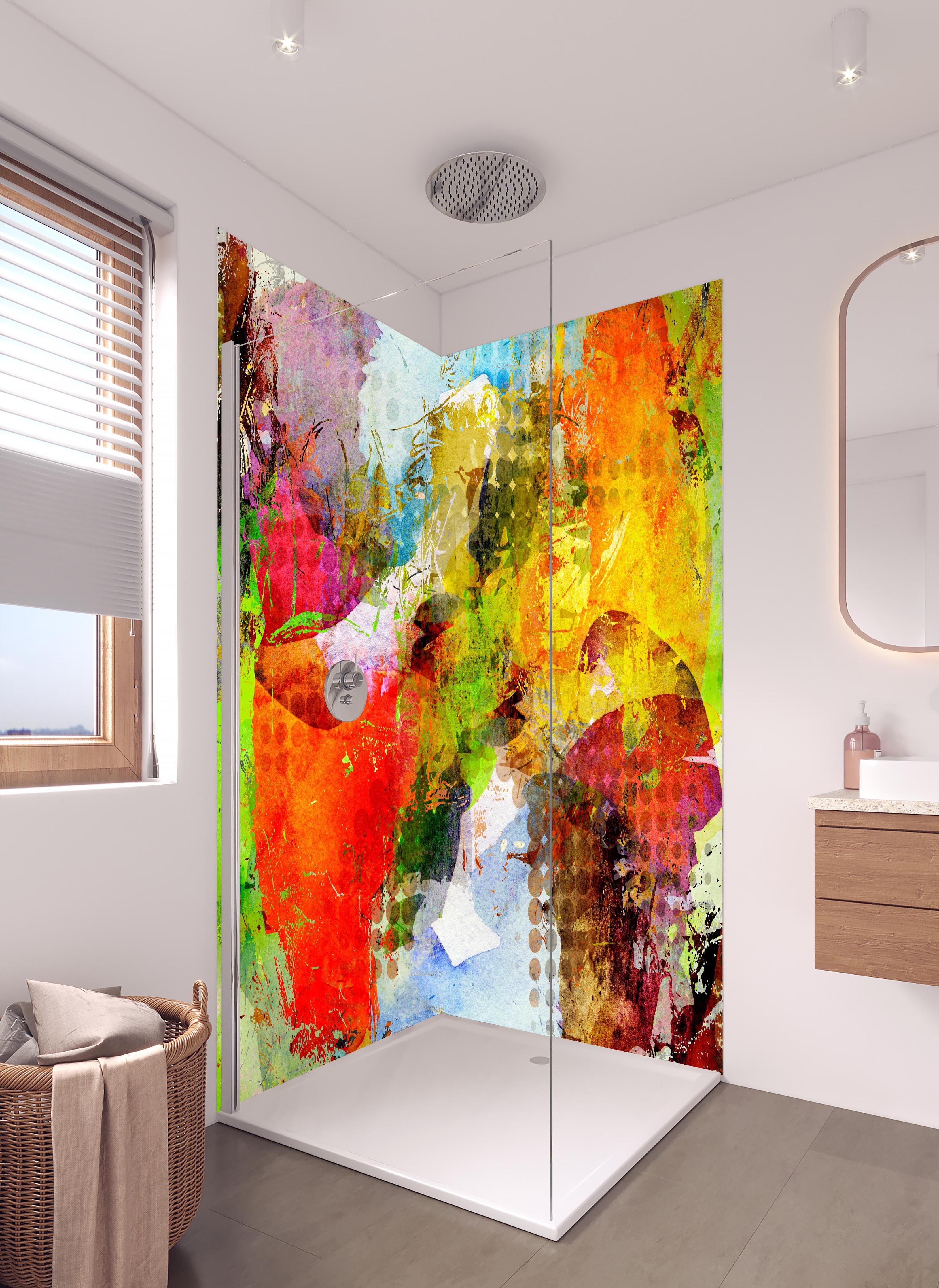 Duschrückwand - Sommerfarben im Graffiti-Stil in hellem Badezimmer mit Regenduschkopf - zweiteilige Eck-Duschrückwand