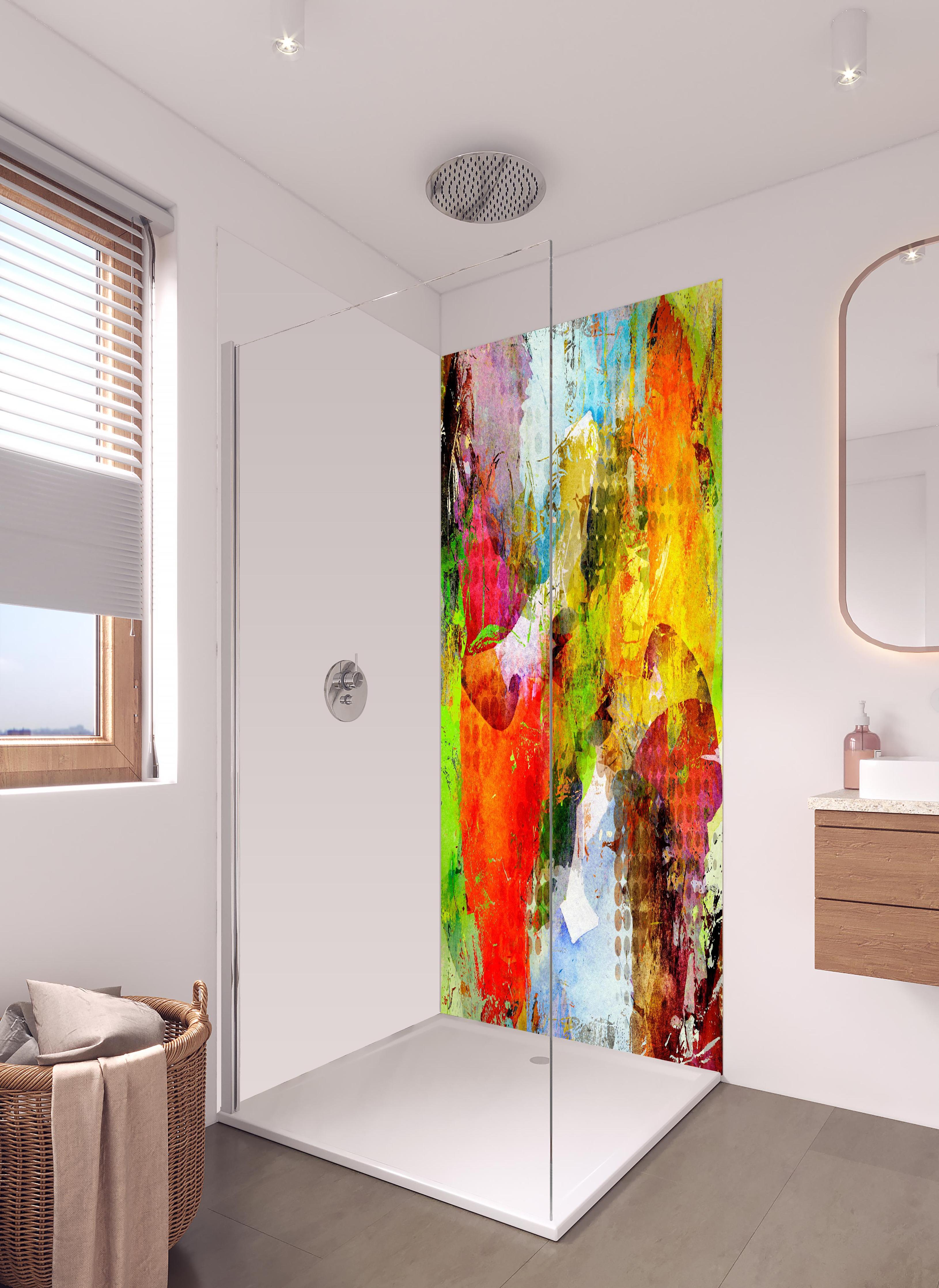 Duschrückwand - Sommerfarben im Graffiti-Stil in hellem Badezimmer mit Regenduschkopf - zweiteilige Eck-Duschrückwand