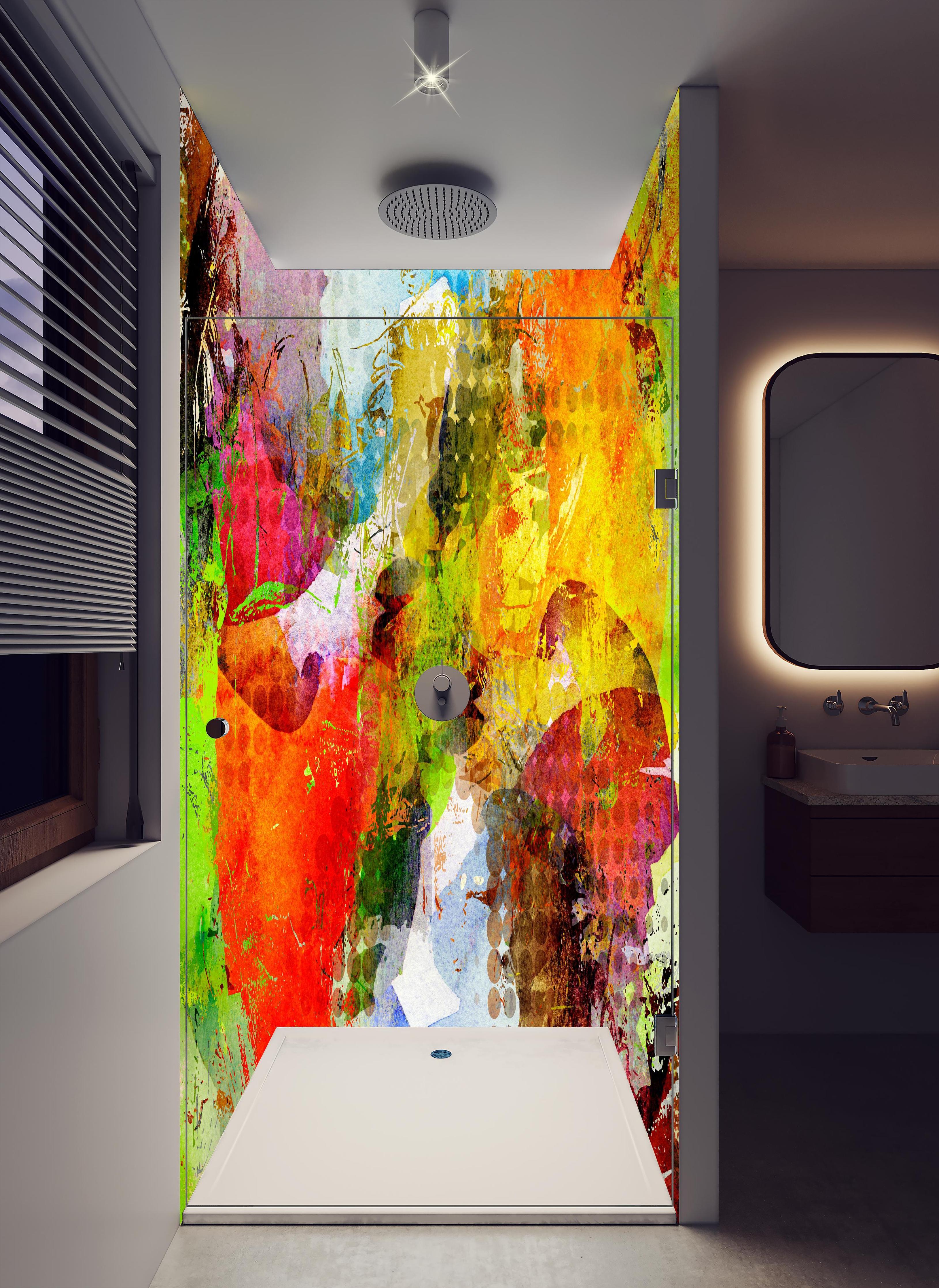 Duschrückwand - Sommerfarben im Graffiti-Stil in hellem Badezimmer mit Regenduschkopf - zweiteilige Eck-Duschrückwand