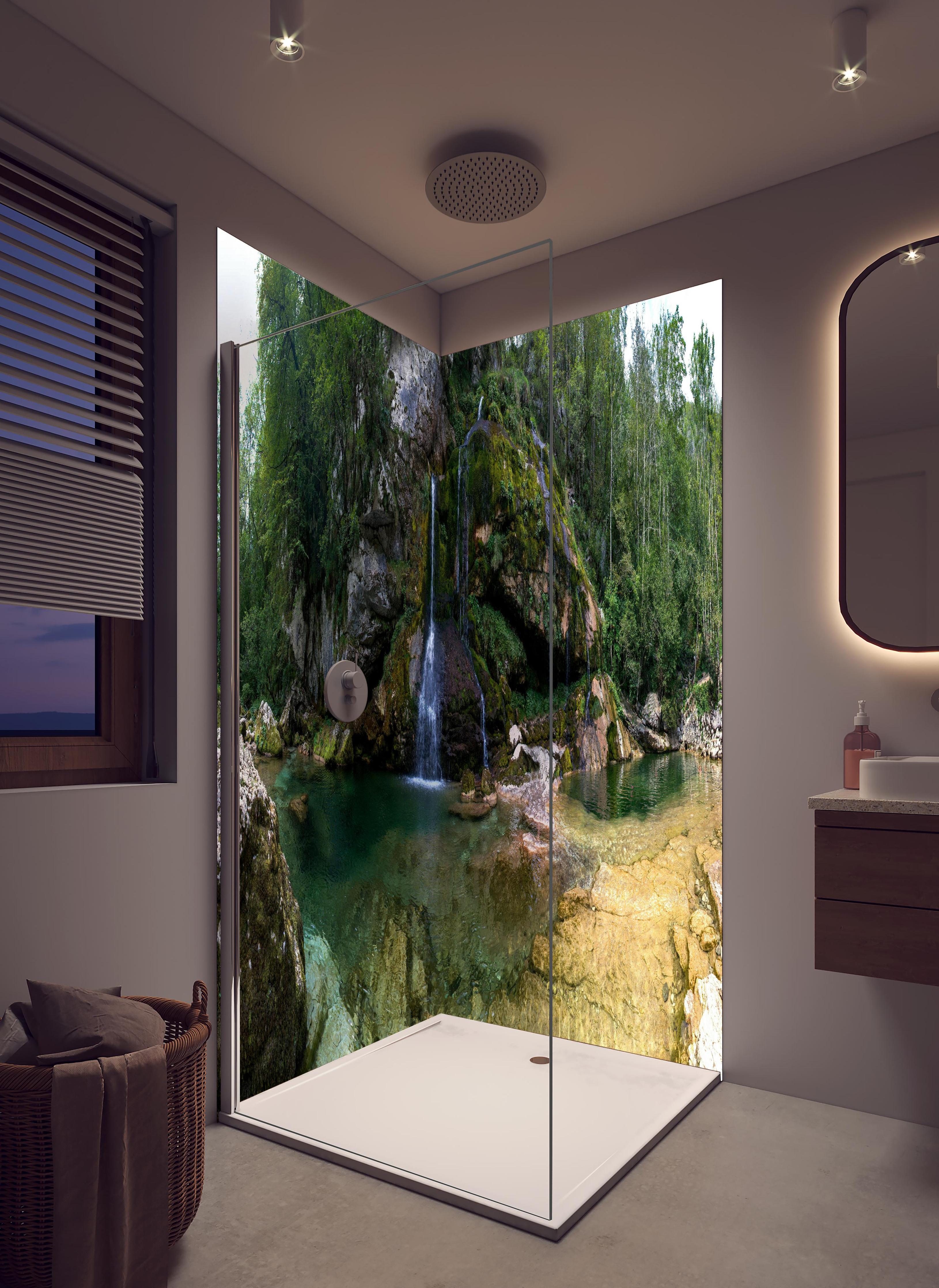 Duschrückwand - Sommerliche Atmosphäre in den Slowenischen Alpen in hellem Badezimmer mit Regenduschkopf - zweiteilige Eck-Duschrückwand