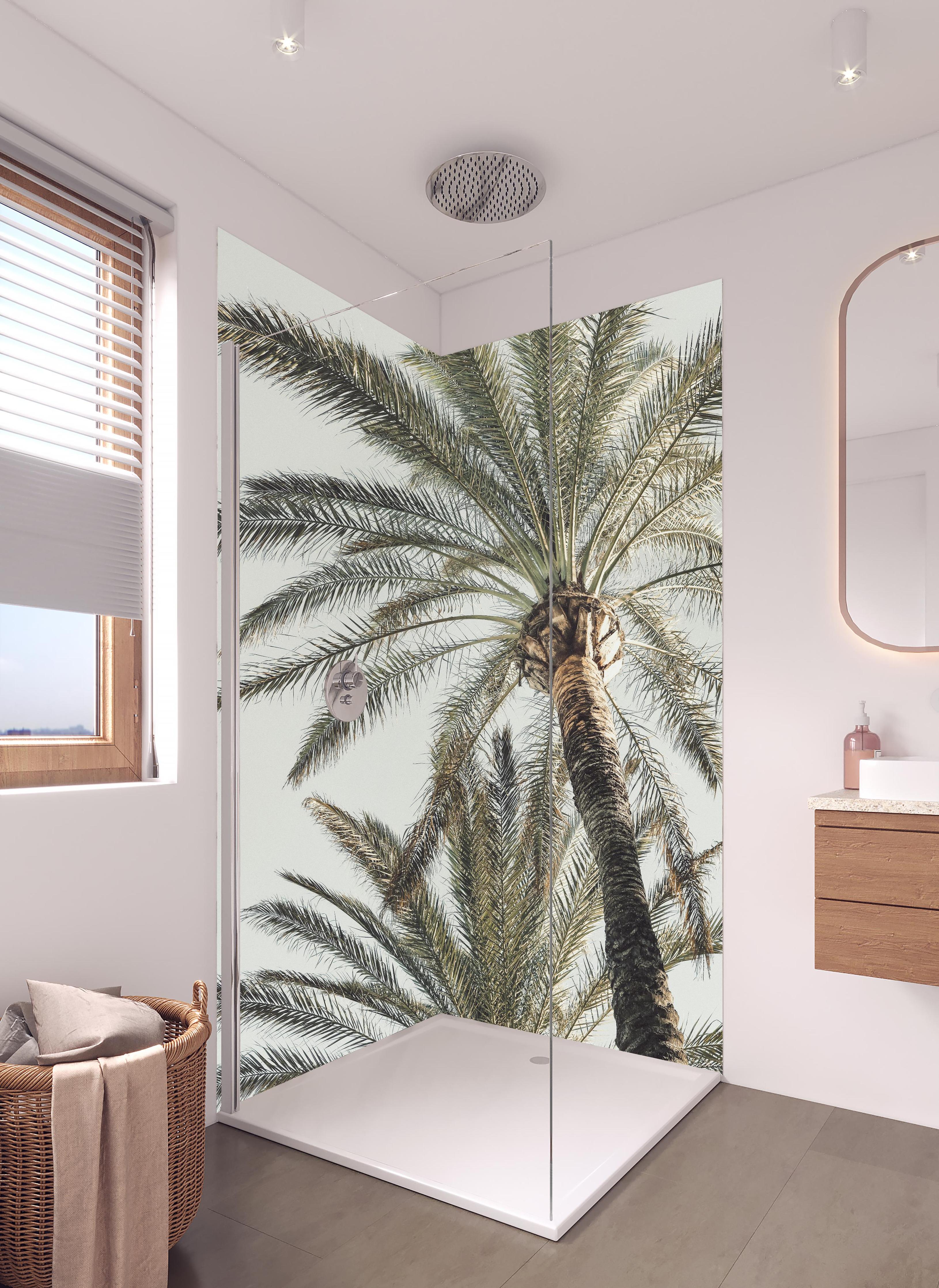 Duschrückwand - Sommerliche Palme in hellem Badezimmer mit Regenduschkopf - zweiteilige Eck-Duschrückwand