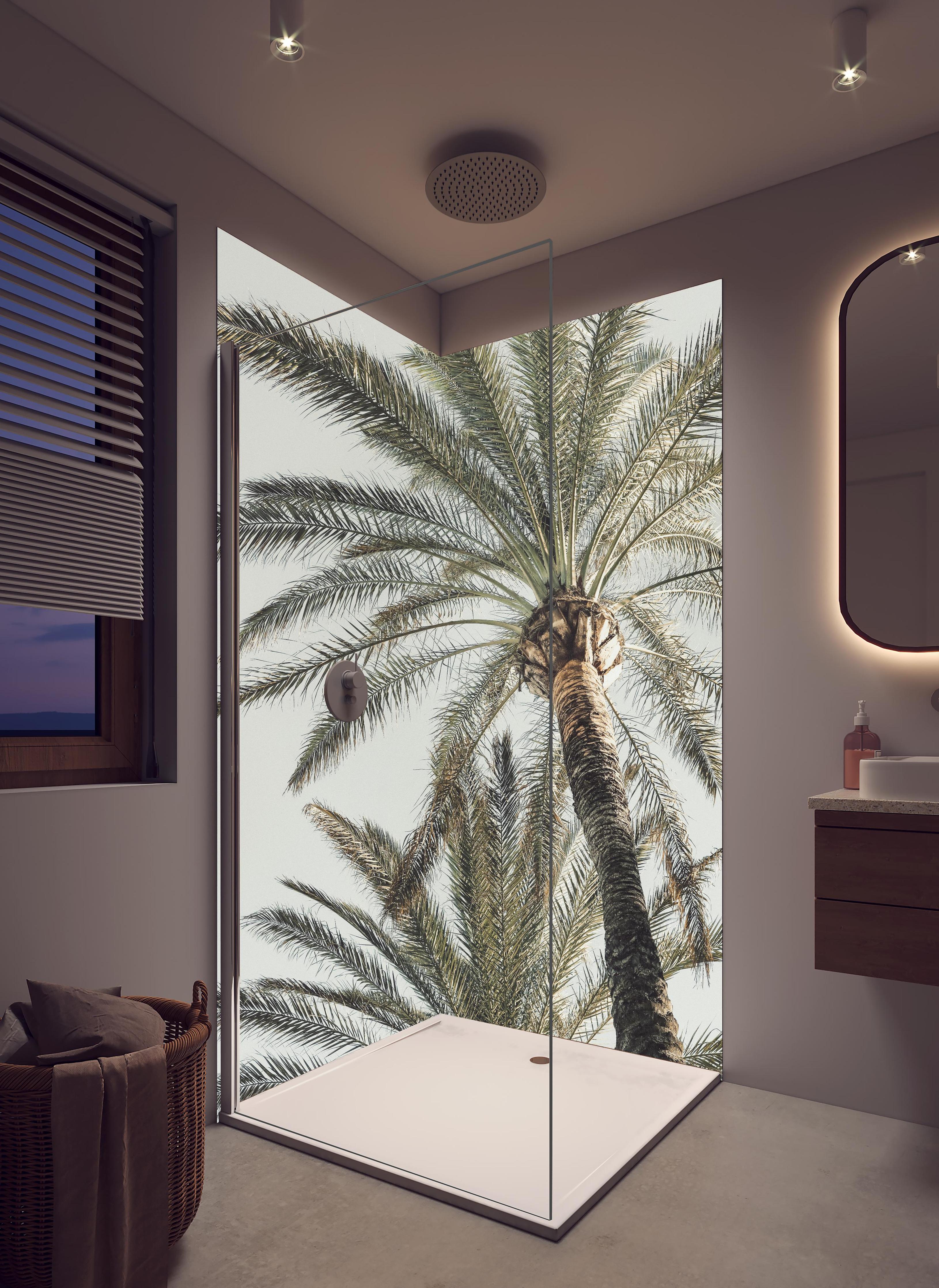 Duschrückwand - Sommerliche Palme in hellem Badezimmer mit Regenduschkopf - zweiteilige Eck-Duschrückwand