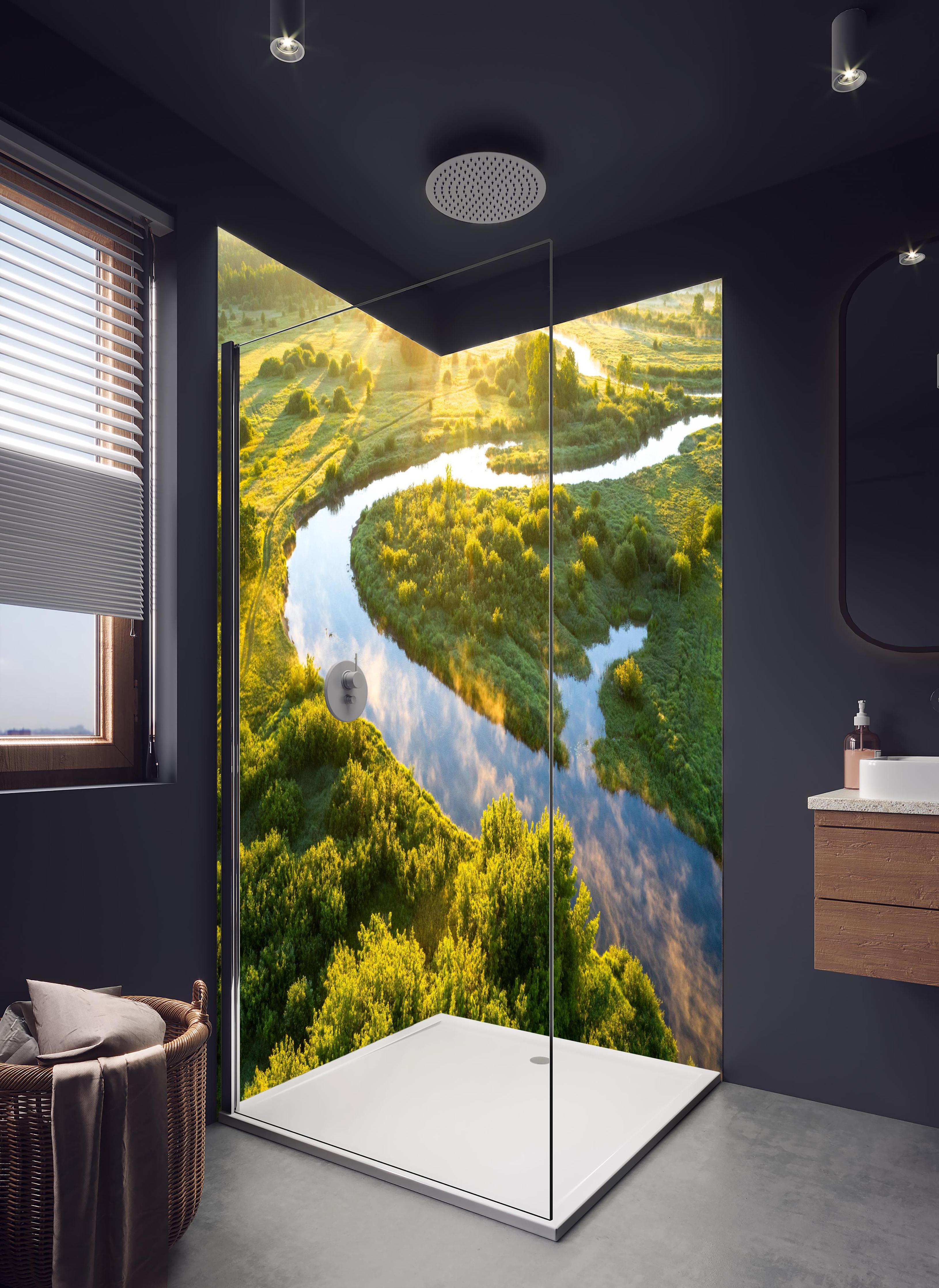 Duschrückwand - Sommermorgen am Fluss im Arizona in hellem Badezimmer mit Regenduschkopf - zweiteilige Eck-Duschrückwand