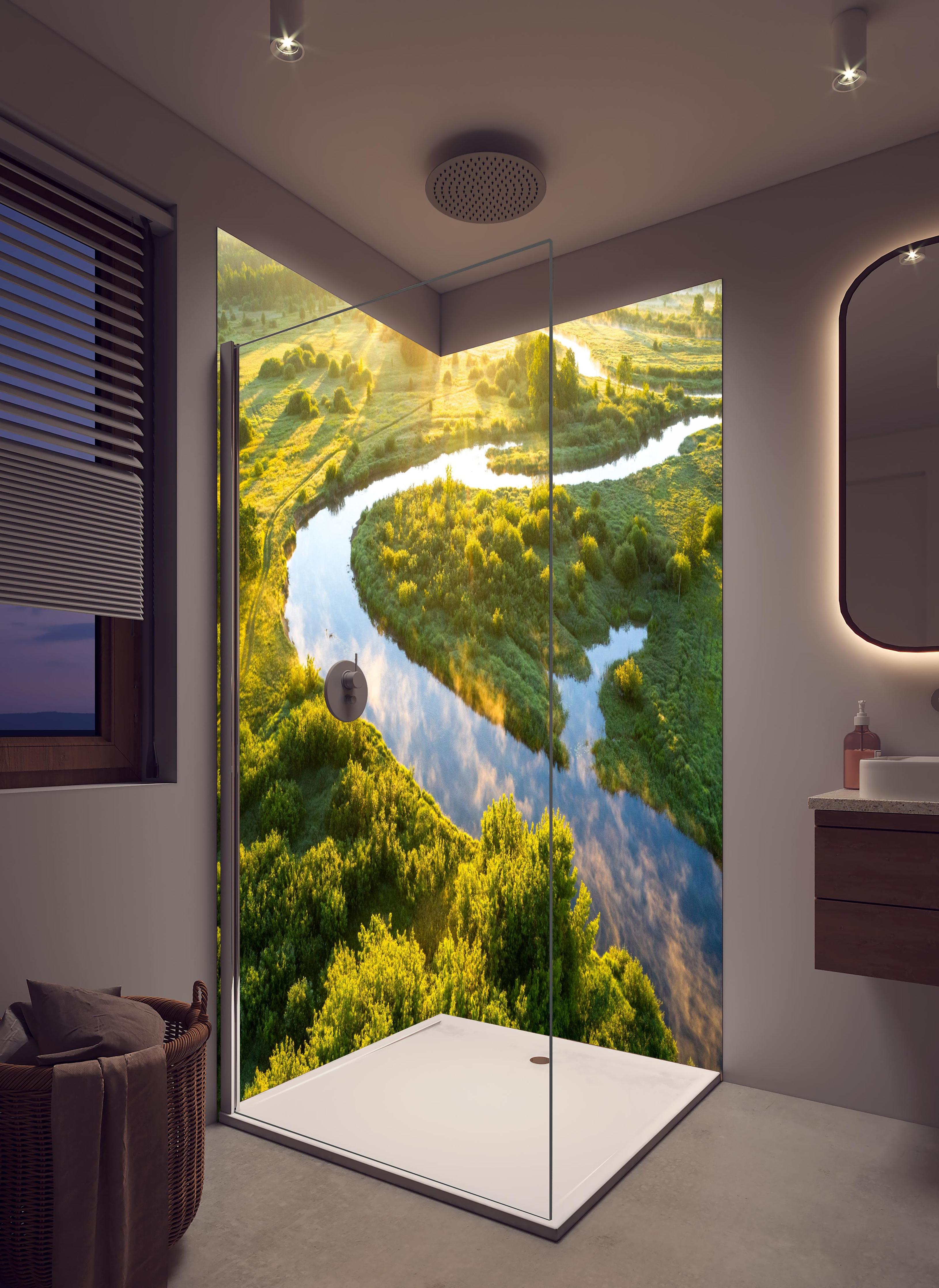 Duschrückwand - Sommermorgen am Fluss im Arizona in hellem Badezimmer mit Regenduschkopf - zweiteilige Eck-Duschrückwand