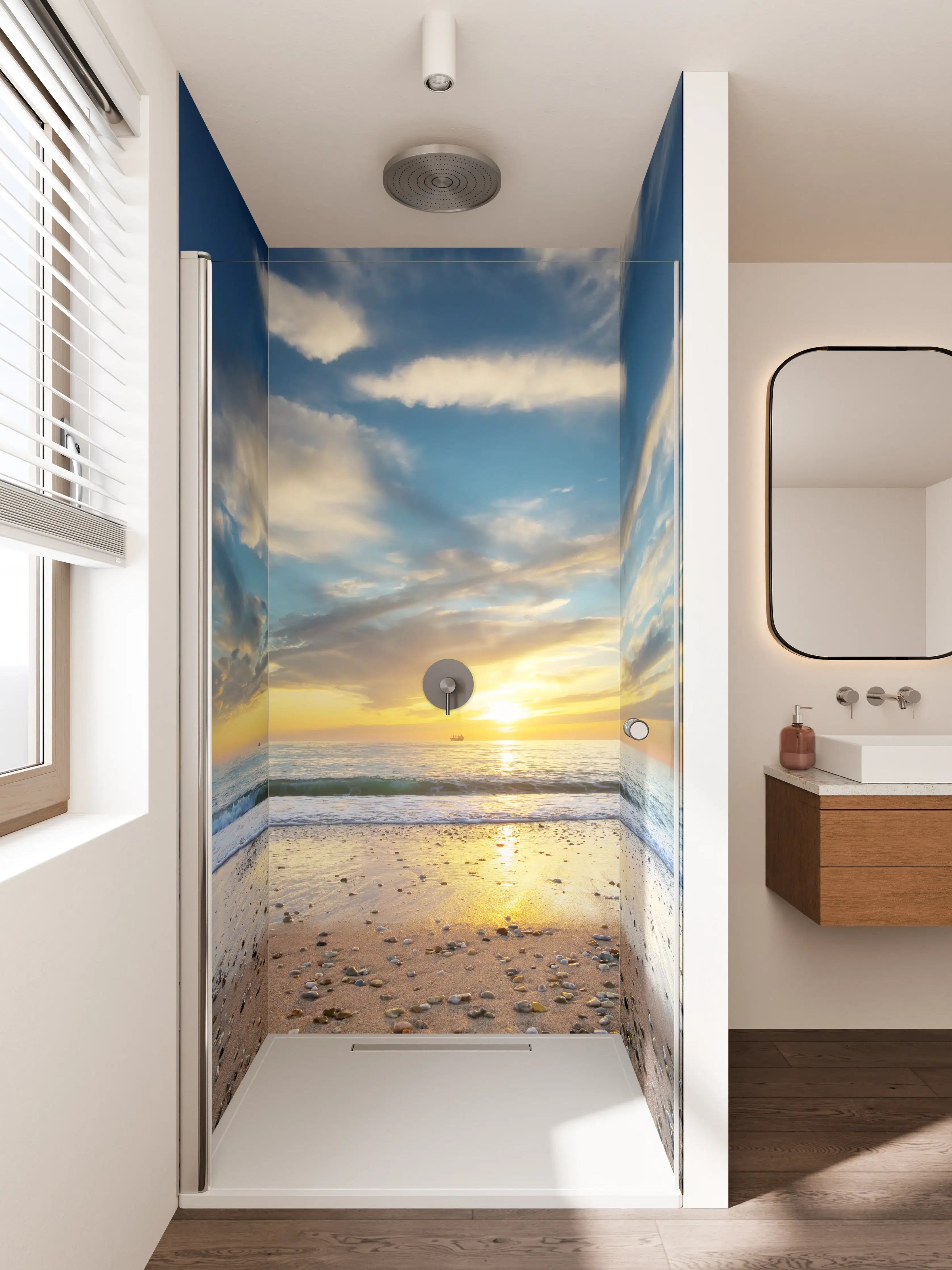 Duschrückwand - Sonnenaufgang am Meer mit Wolkenformationen