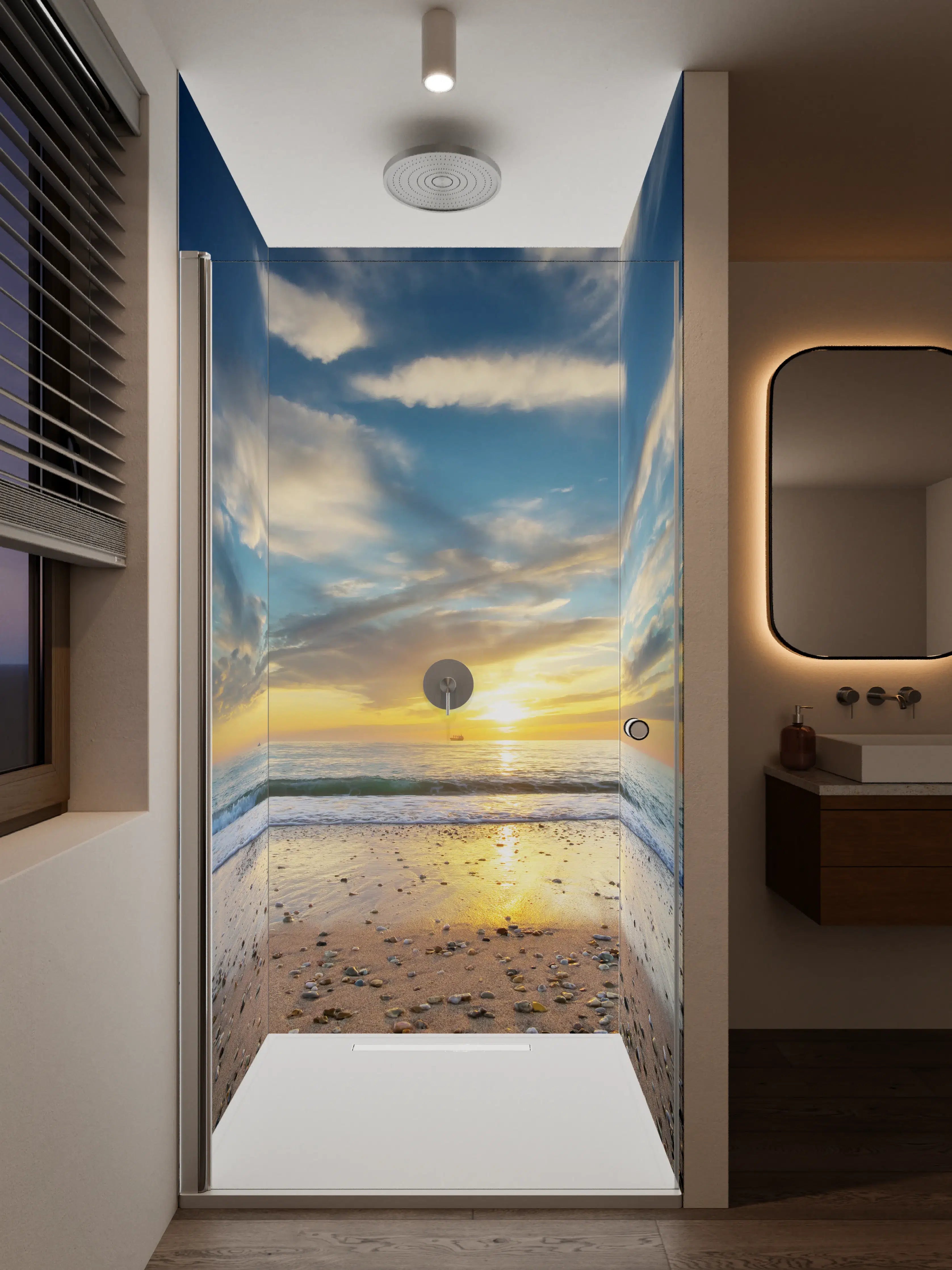 Duschrückwand - Sonnenaufgang am Meer mit Wolkenformationen