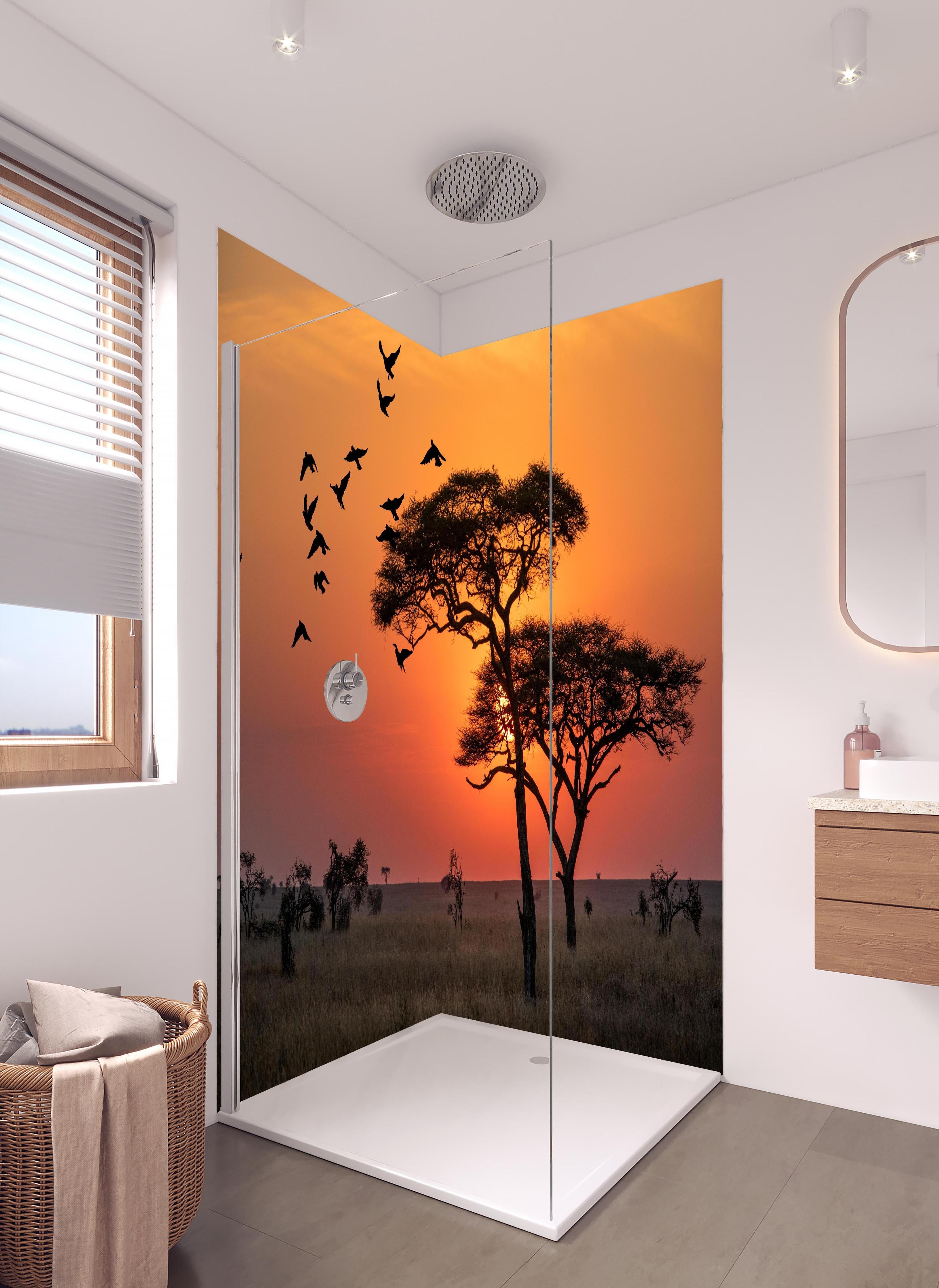 Duschrückwand - Sonnenaufgang im Serengeti-Naturpark in hellem Badezimmer mit Regenduschkopf - zweiteilige Eck-Duschrückwand