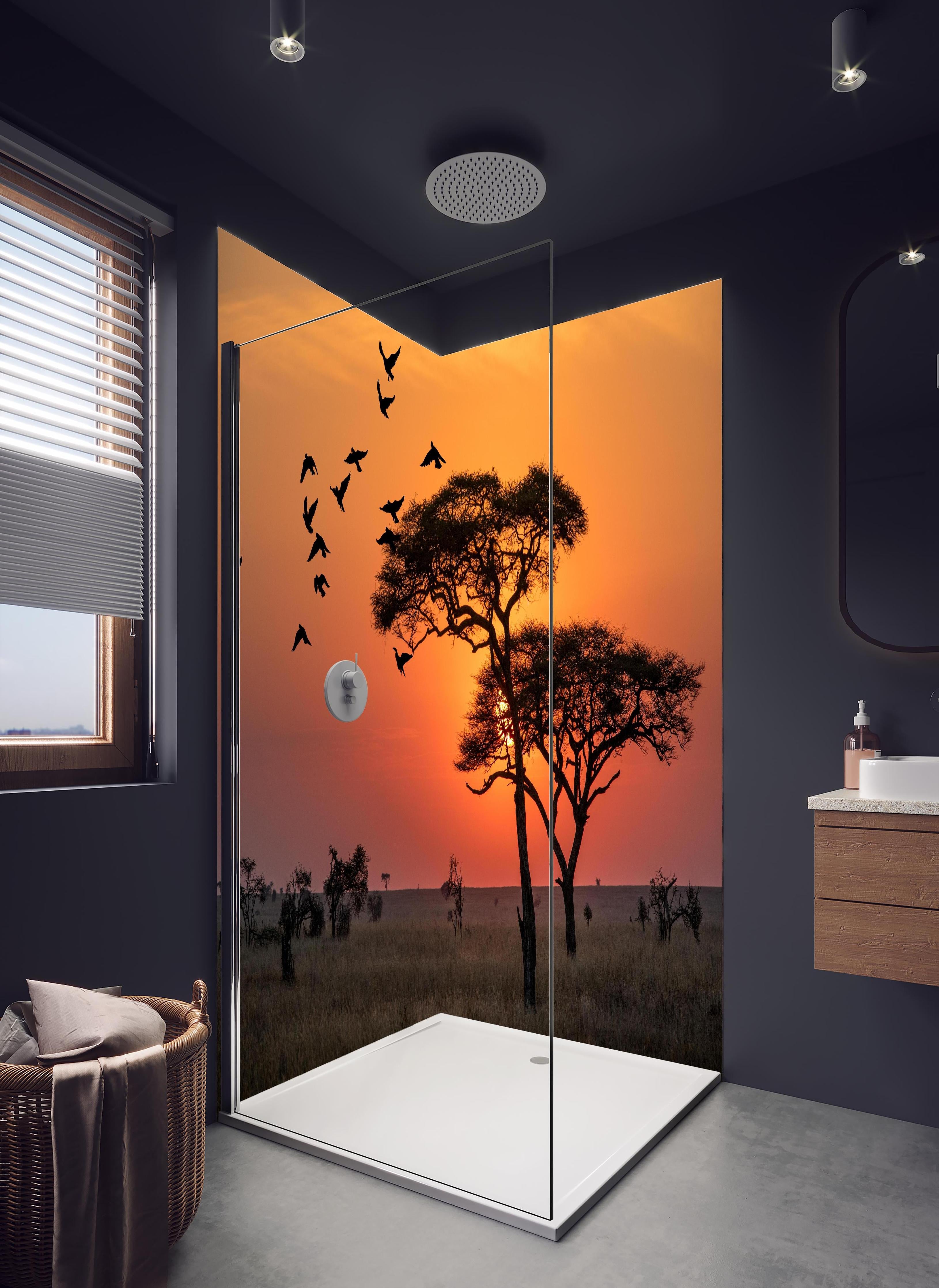 Duschrückwand - Sonnenaufgang im Serengeti-Naturpark in hellem Badezimmer mit Regenduschkopf - zweiteilige Eck-Duschrückwand
