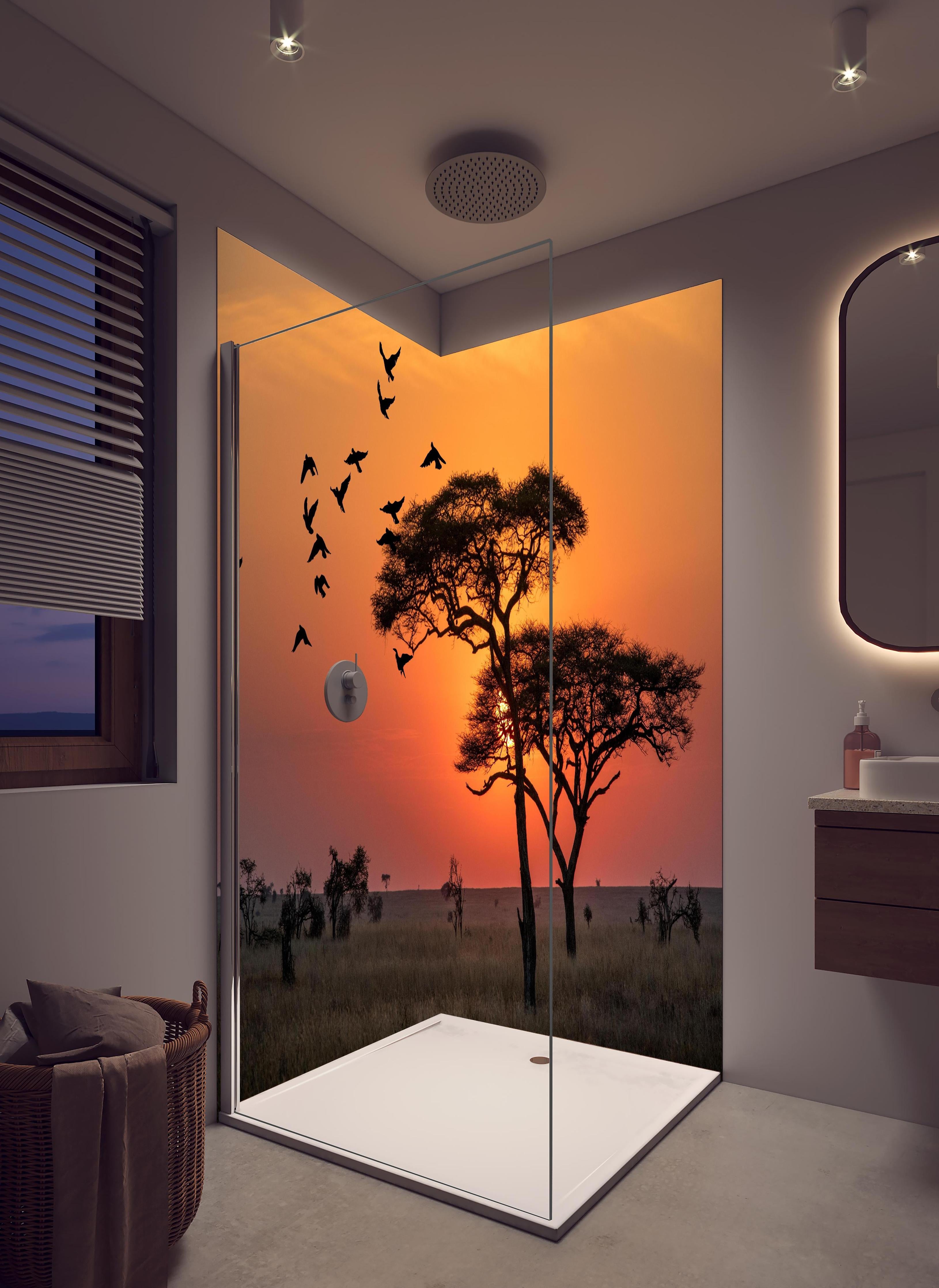 Duschrückwand - Sonnenaufgang im Serengeti-Naturpark in hellem Badezimmer mit Regenduschkopf - zweiteilige Eck-Duschrückwand