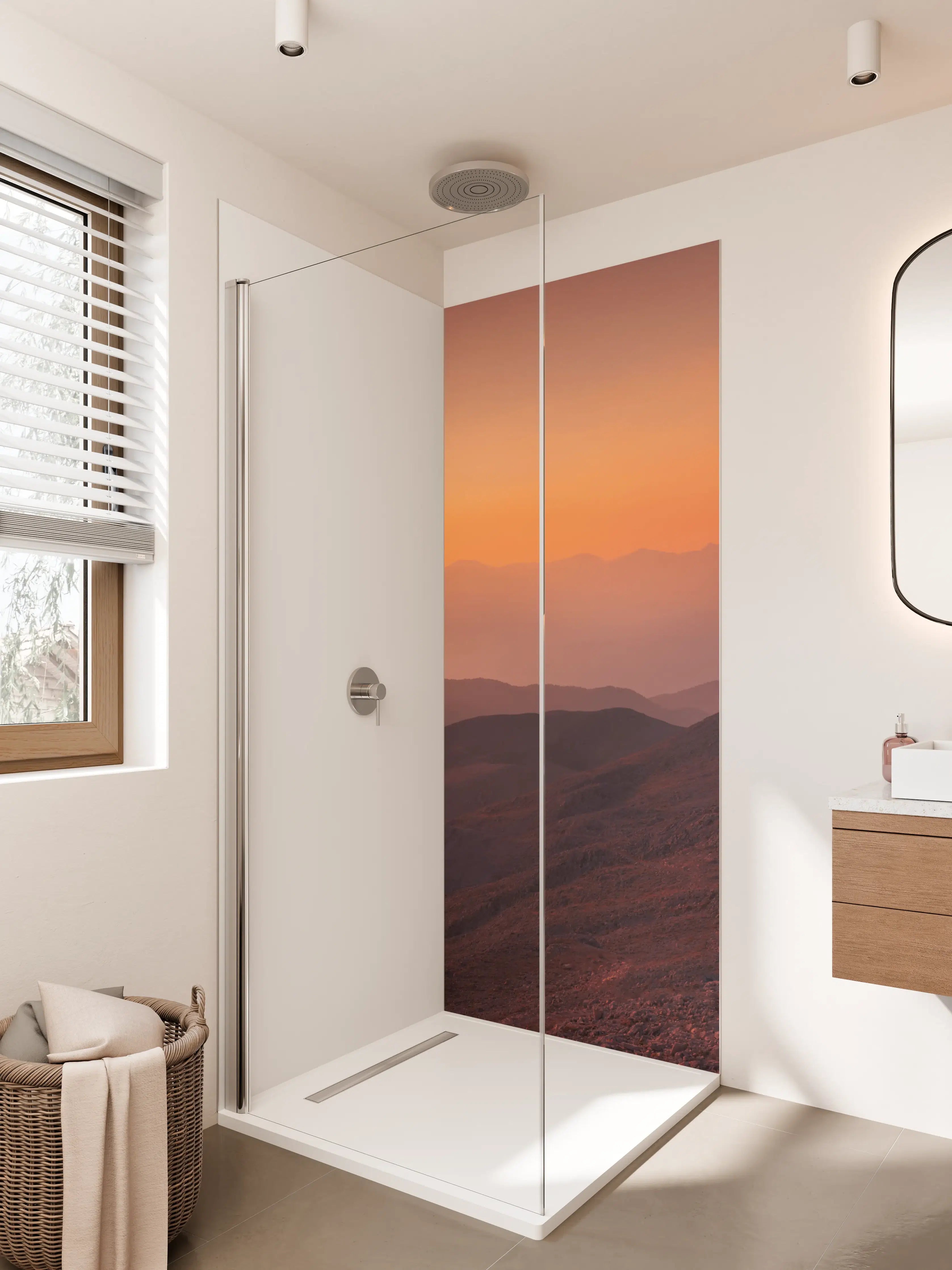 Duschrückwand - Sonnenaufgang über Bergketten