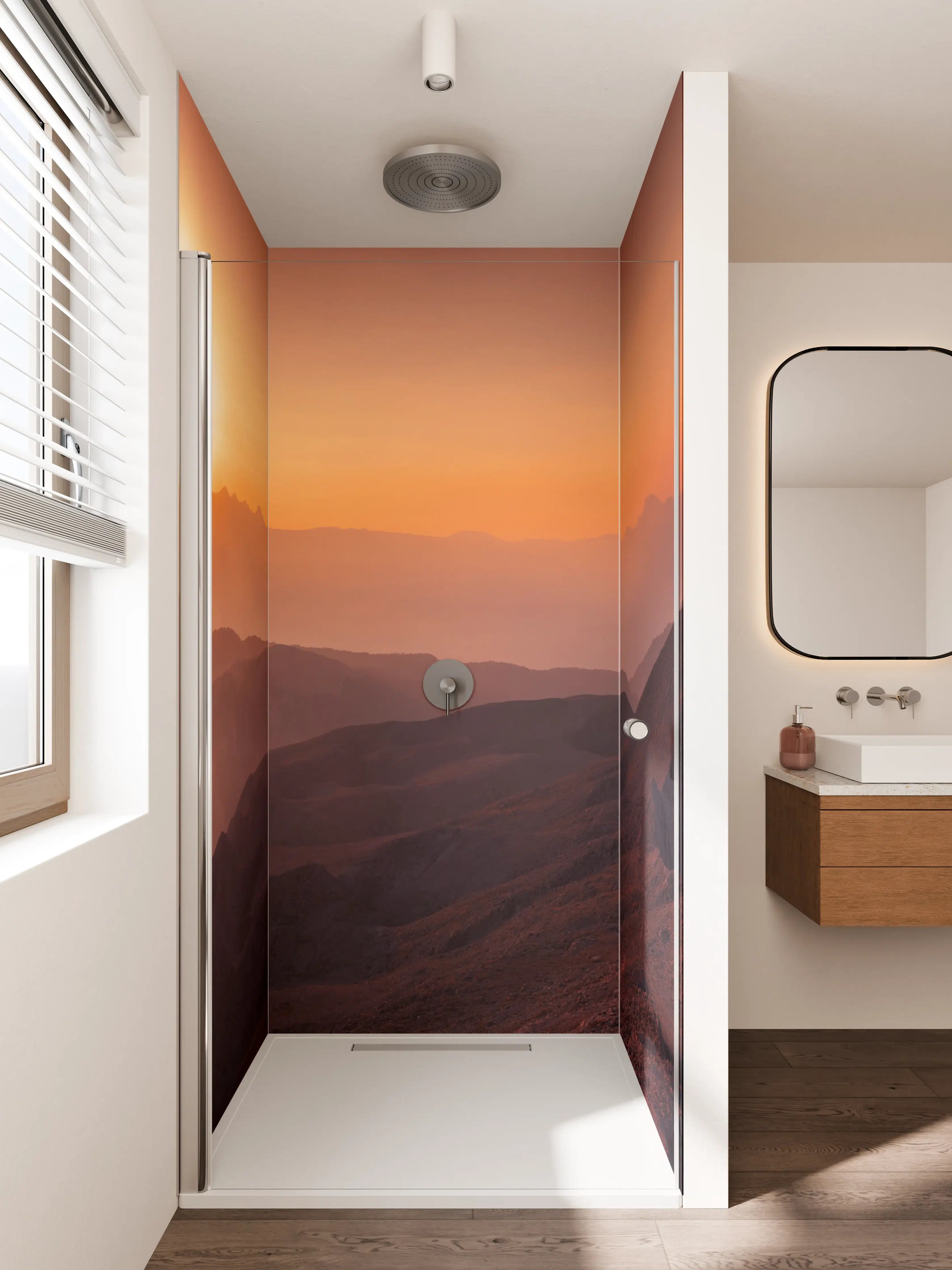 Duschrückwand - Sonnenaufgang über Bergketten