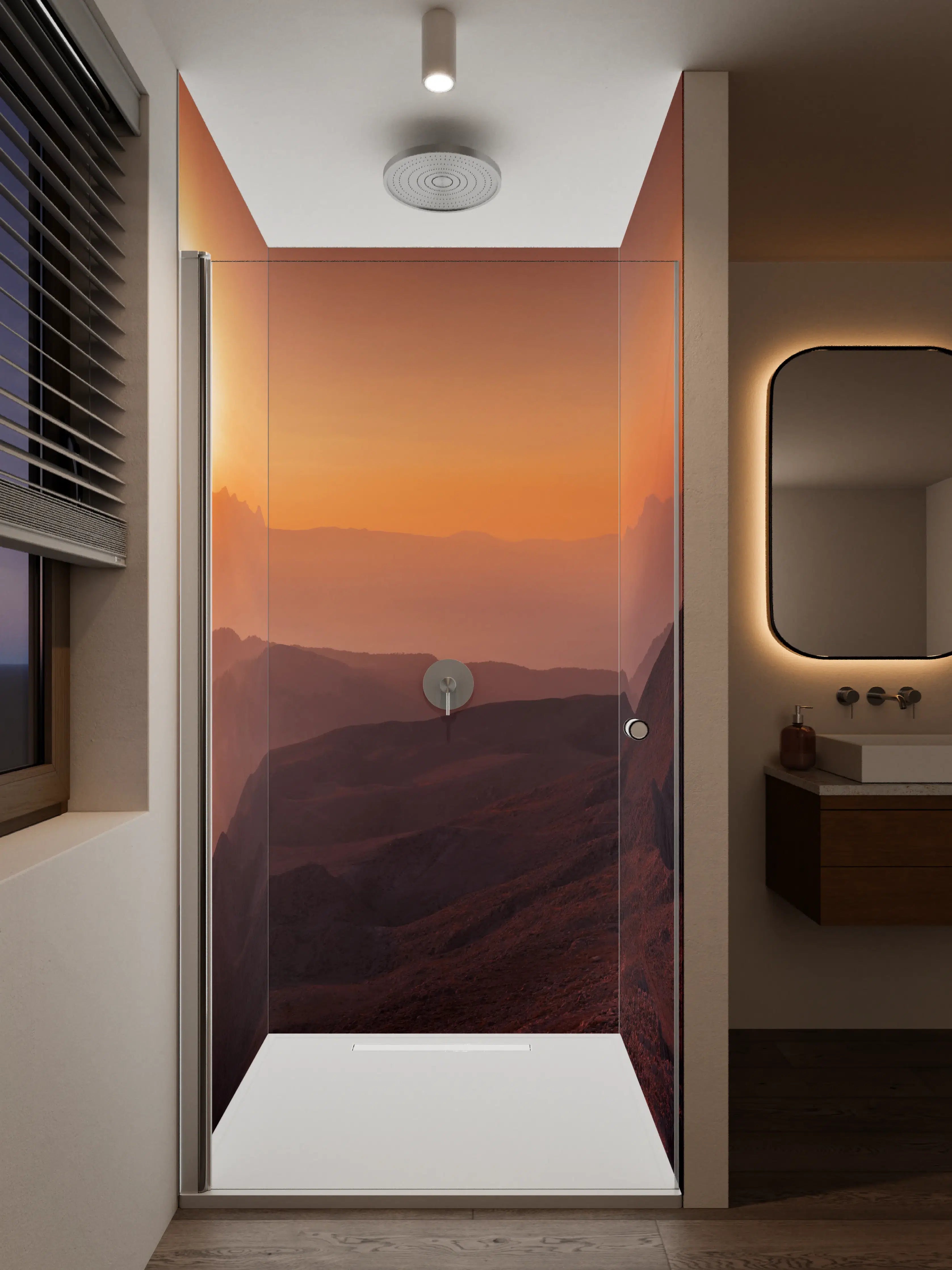 Duschrückwand - Sonnenaufgang über Bergketten