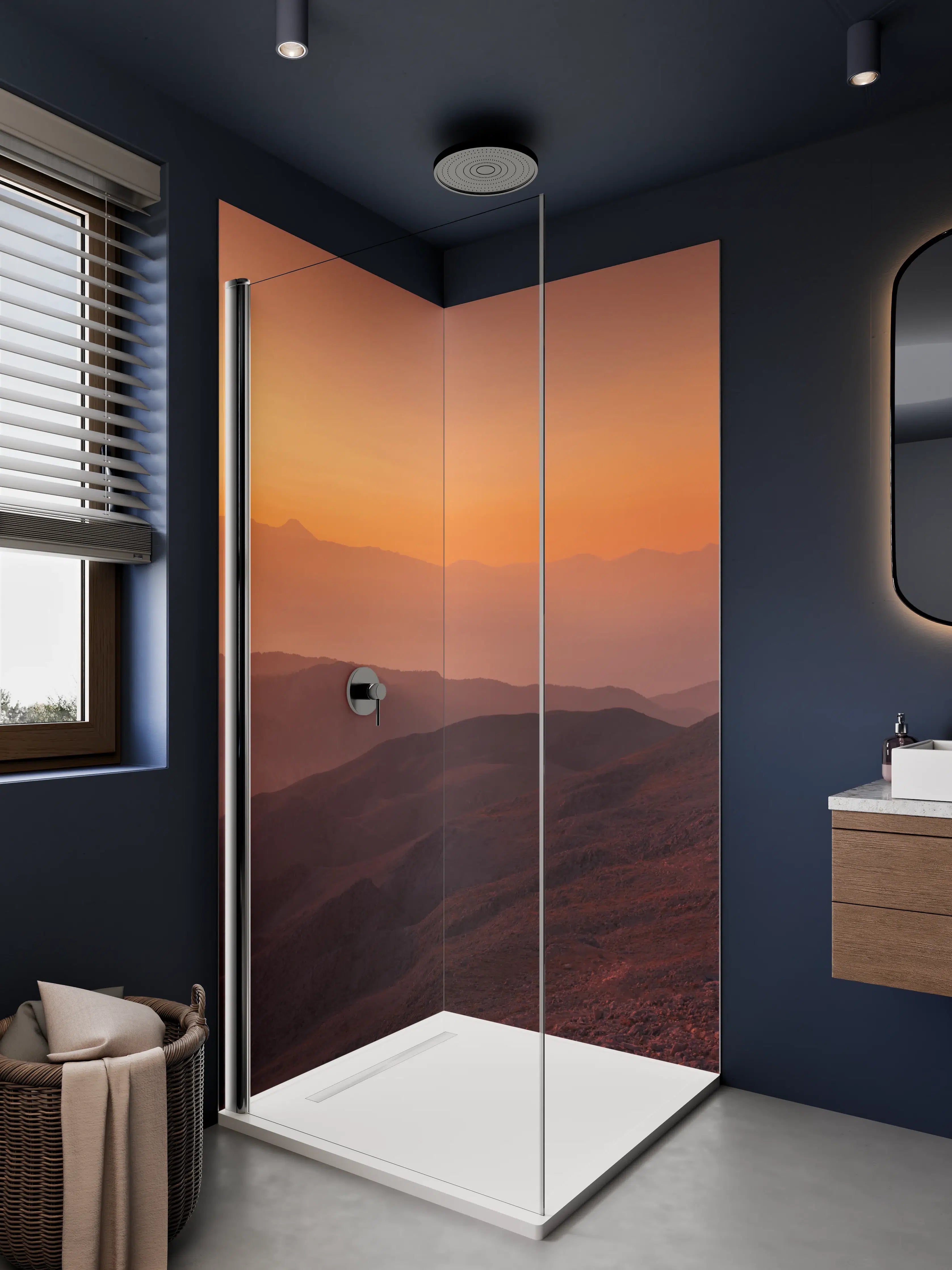 Duschrückwand - Sonnenaufgang über Bergketten