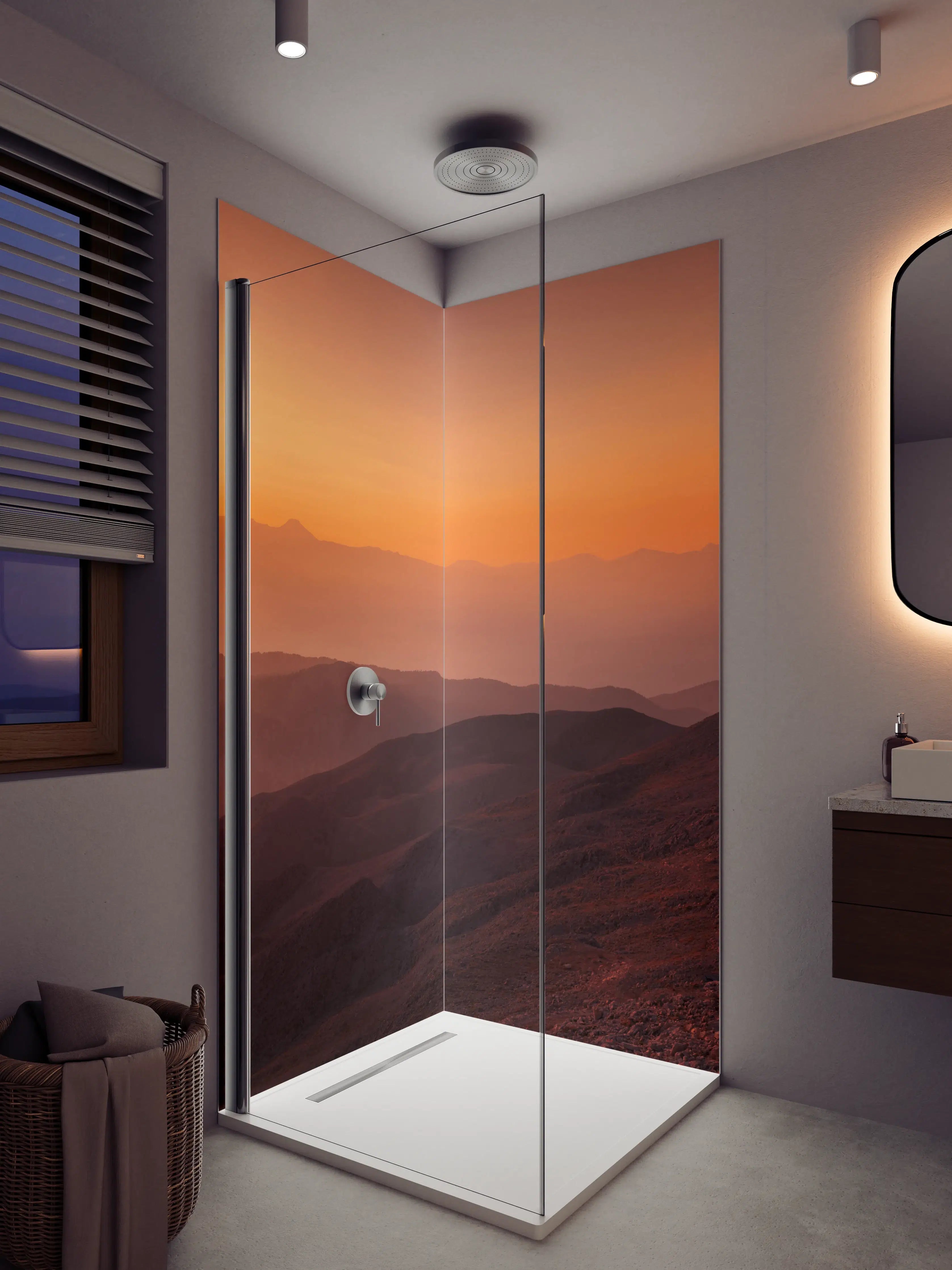 Duschrückwand - Sonnenaufgang über Bergketten