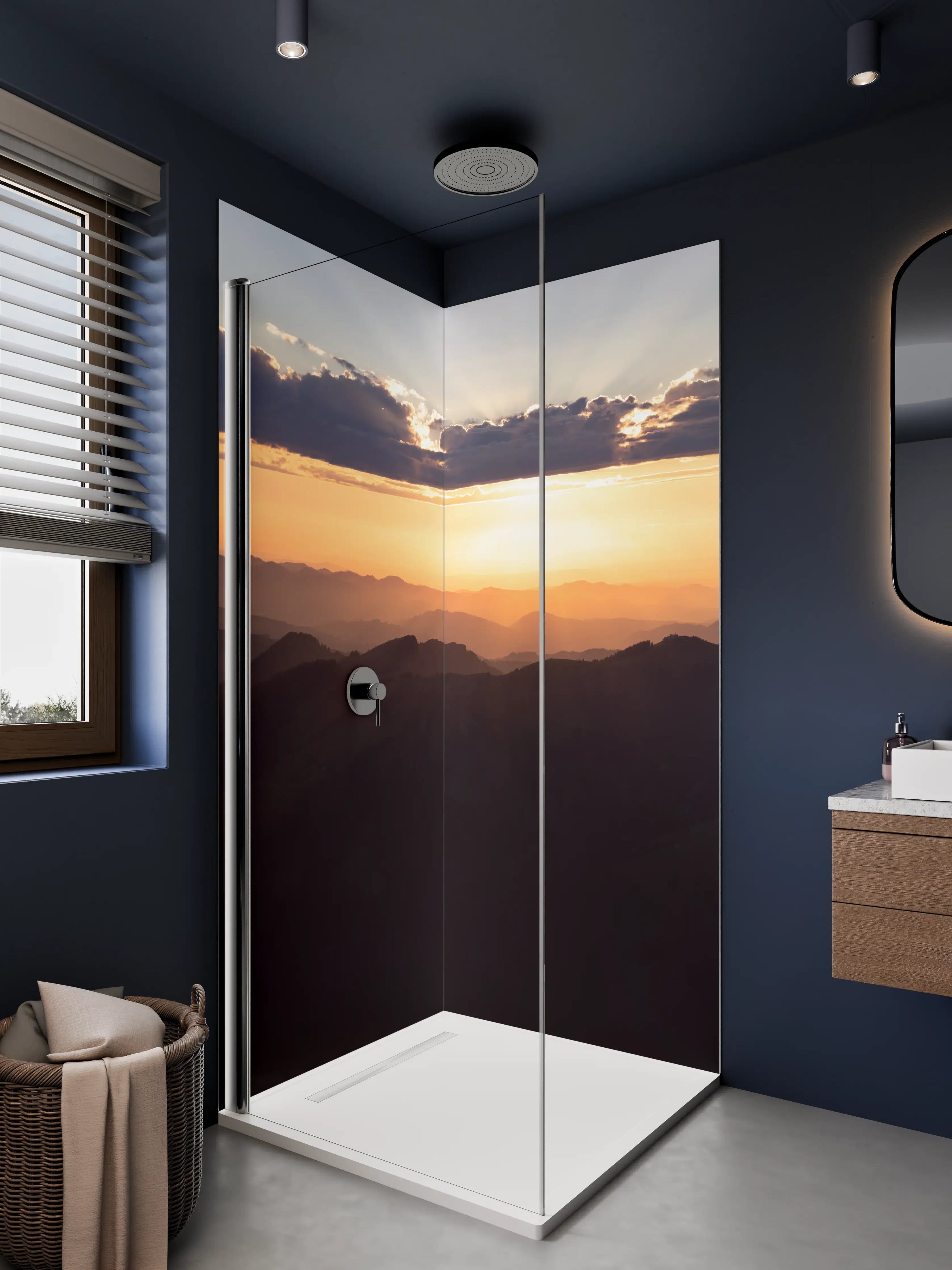 Duschrückwand - Sonnenaufgang über verschneiten Bergen