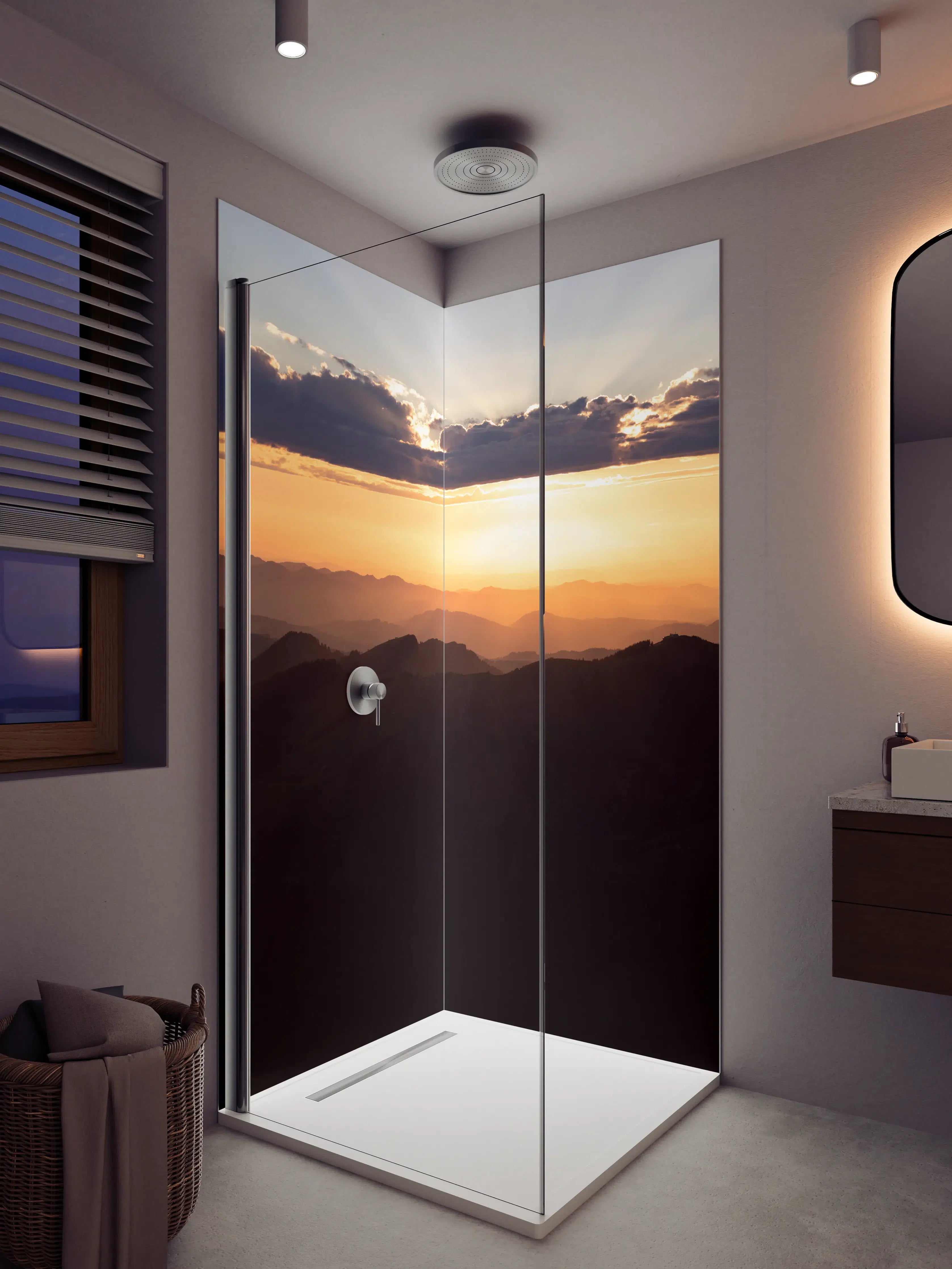 Duschrückwand - Sonnenaufgang über verschneiten Bergen