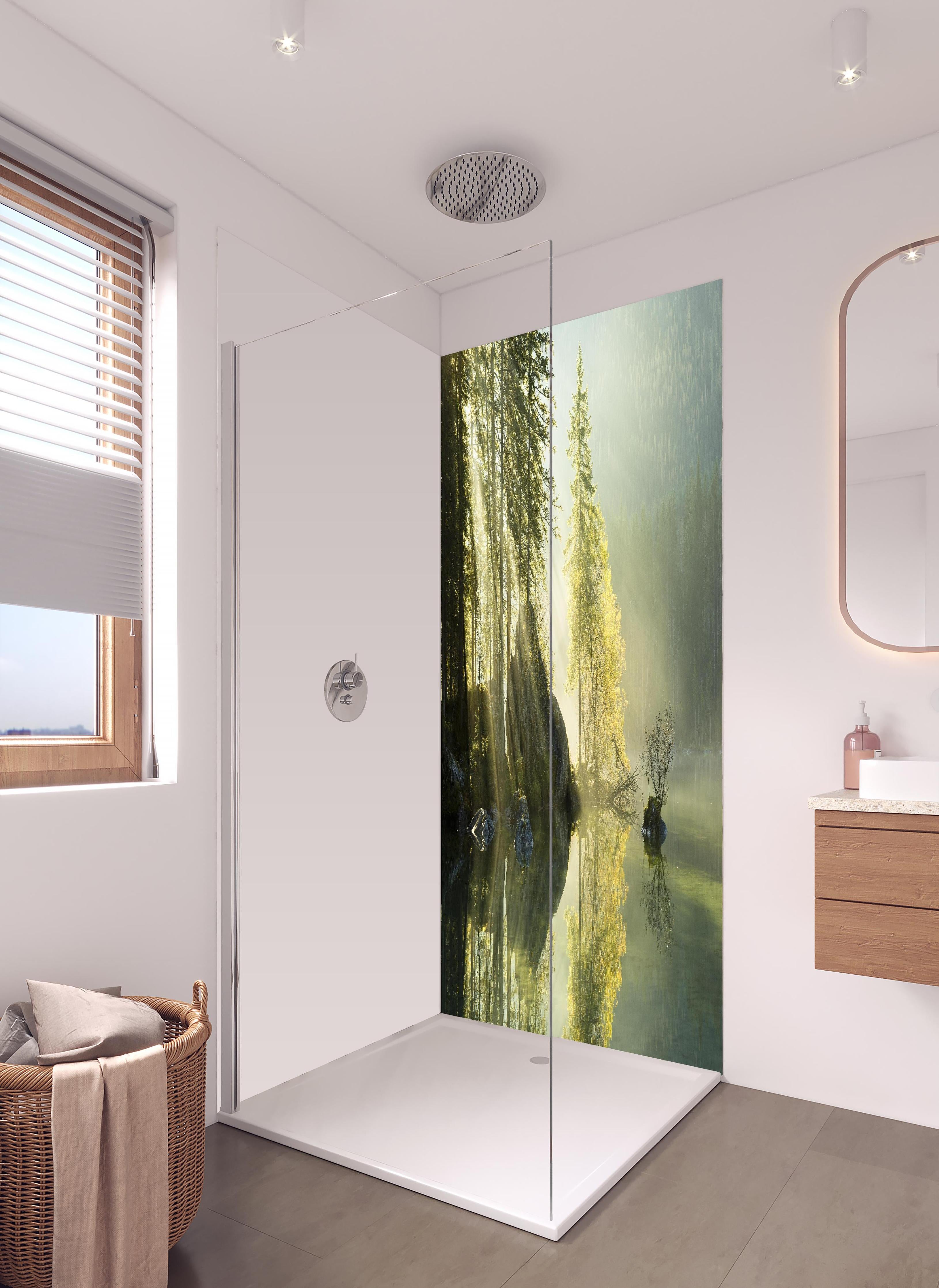 Duschrückwand - Sonnenstrahlen im See in hellem Badezimmer mit Regenduschkopf - zweiteilige Eck-Duschrückwand