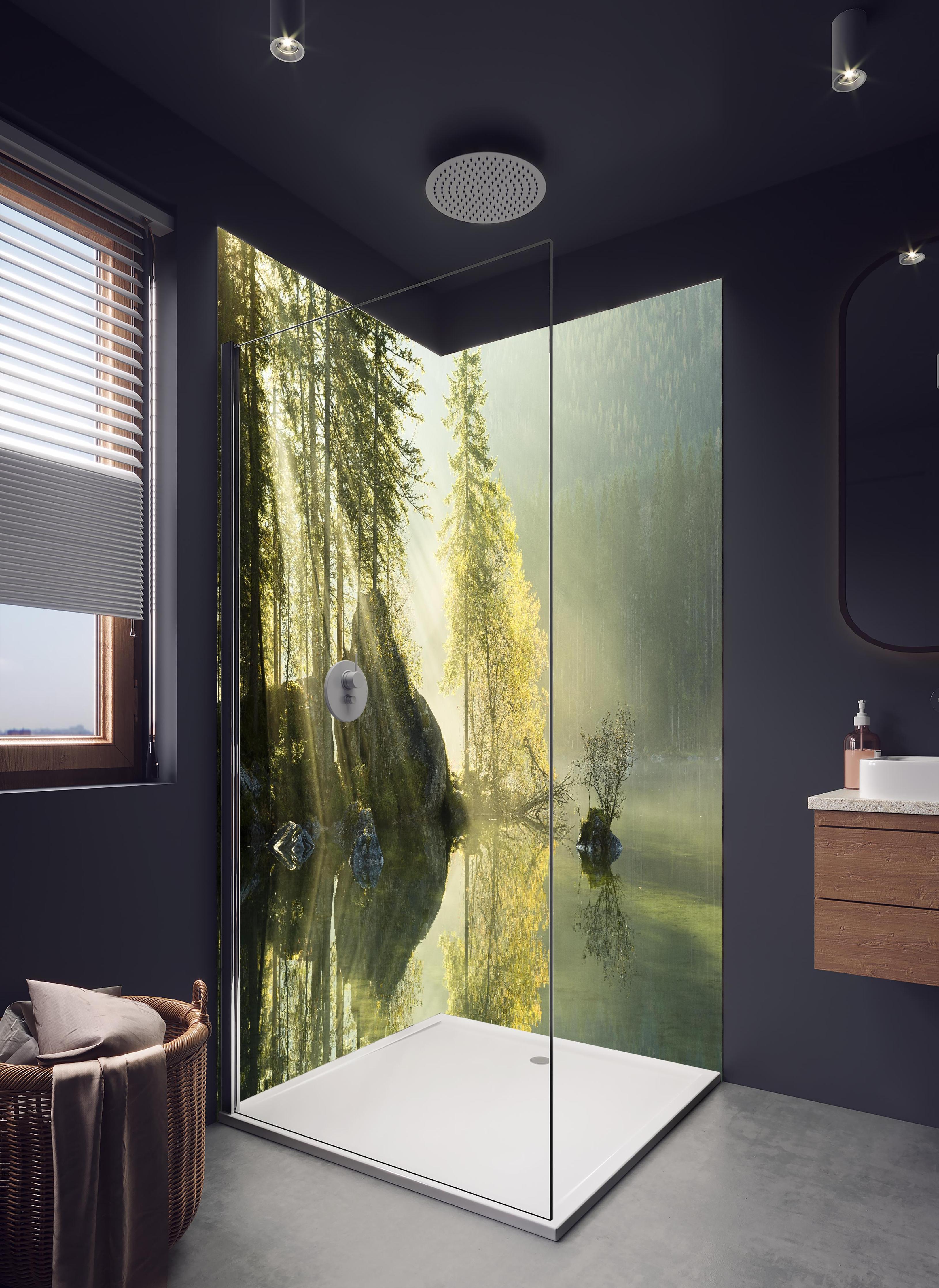 Duschrückwand - Sonnenstrahlen im See in hellem Badezimmer mit Regenduschkopf - zweiteilige Eck-Duschrückwand