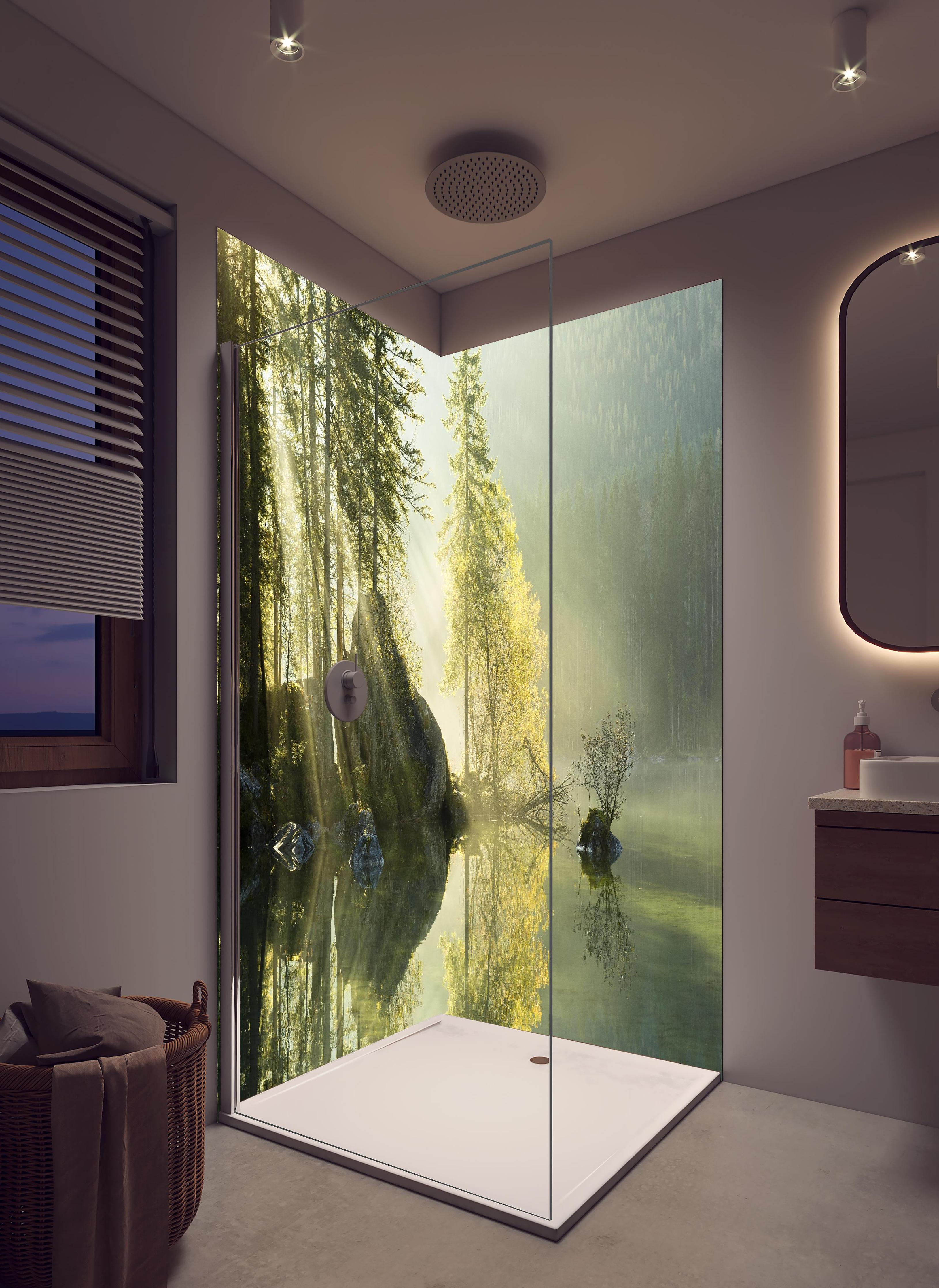 Duschrückwand - Sonnenstrahlen im See in hellem Badezimmer mit Regenduschkopf - zweiteilige Eck-Duschrückwand