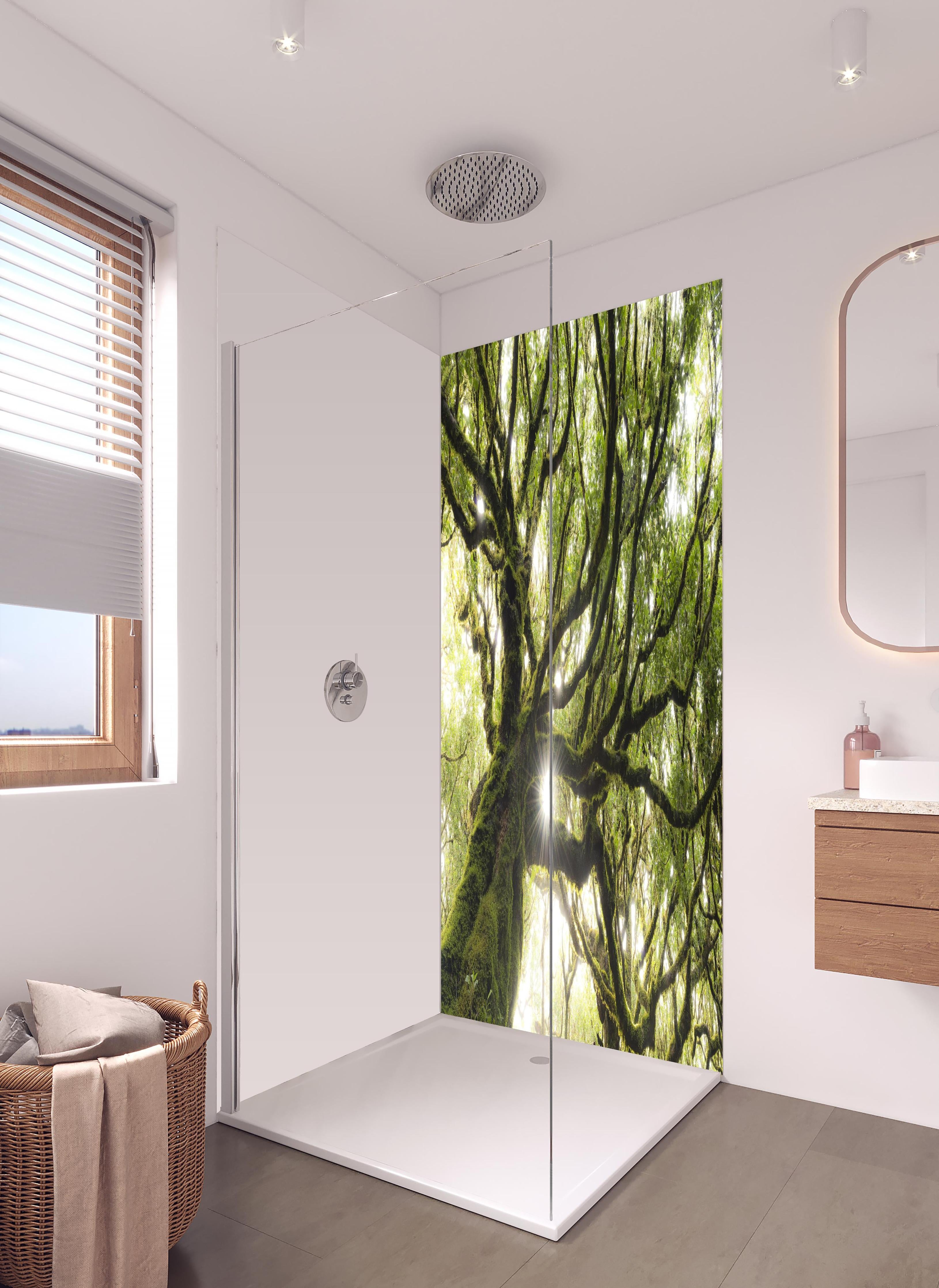 Duschrückwand - Sonnenstrahlen im Wald in hellem Badezimmer mit Regenduschkopf - zweiteilige Eck-Duschrückwand