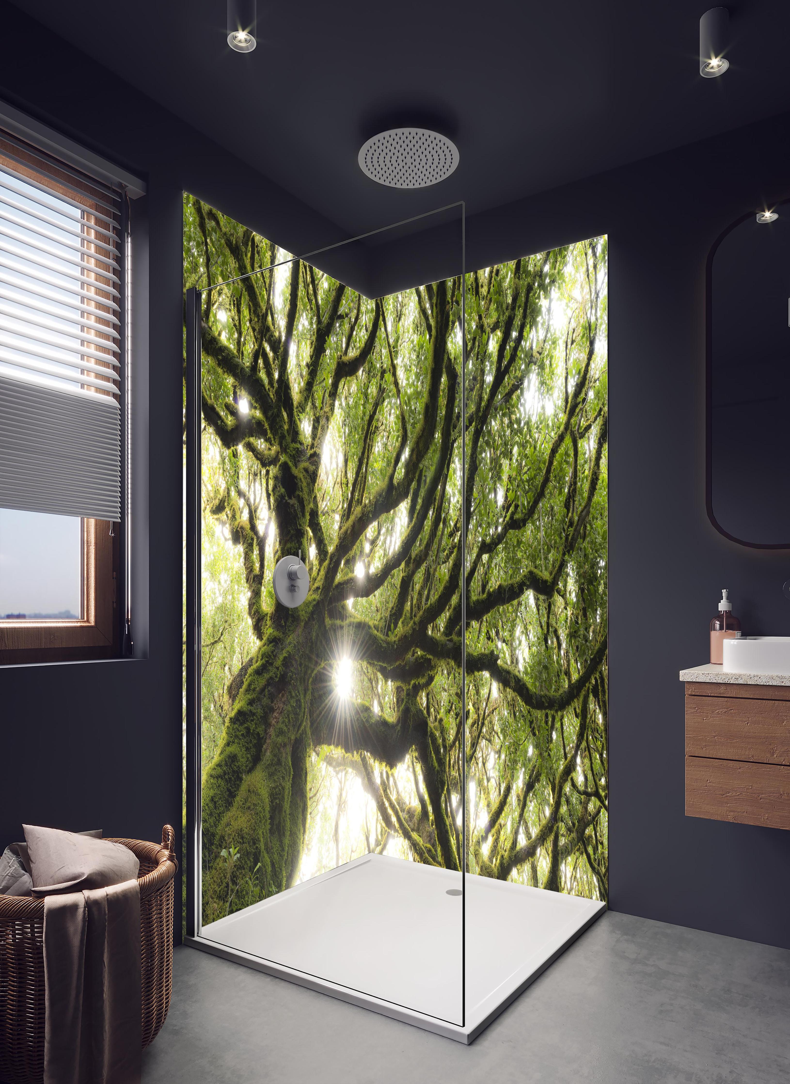 Duschrückwand - Sonnenstrahlen im Wald in hellem Badezimmer mit Regenduschkopf - zweiteilige Eck-Duschrückwand