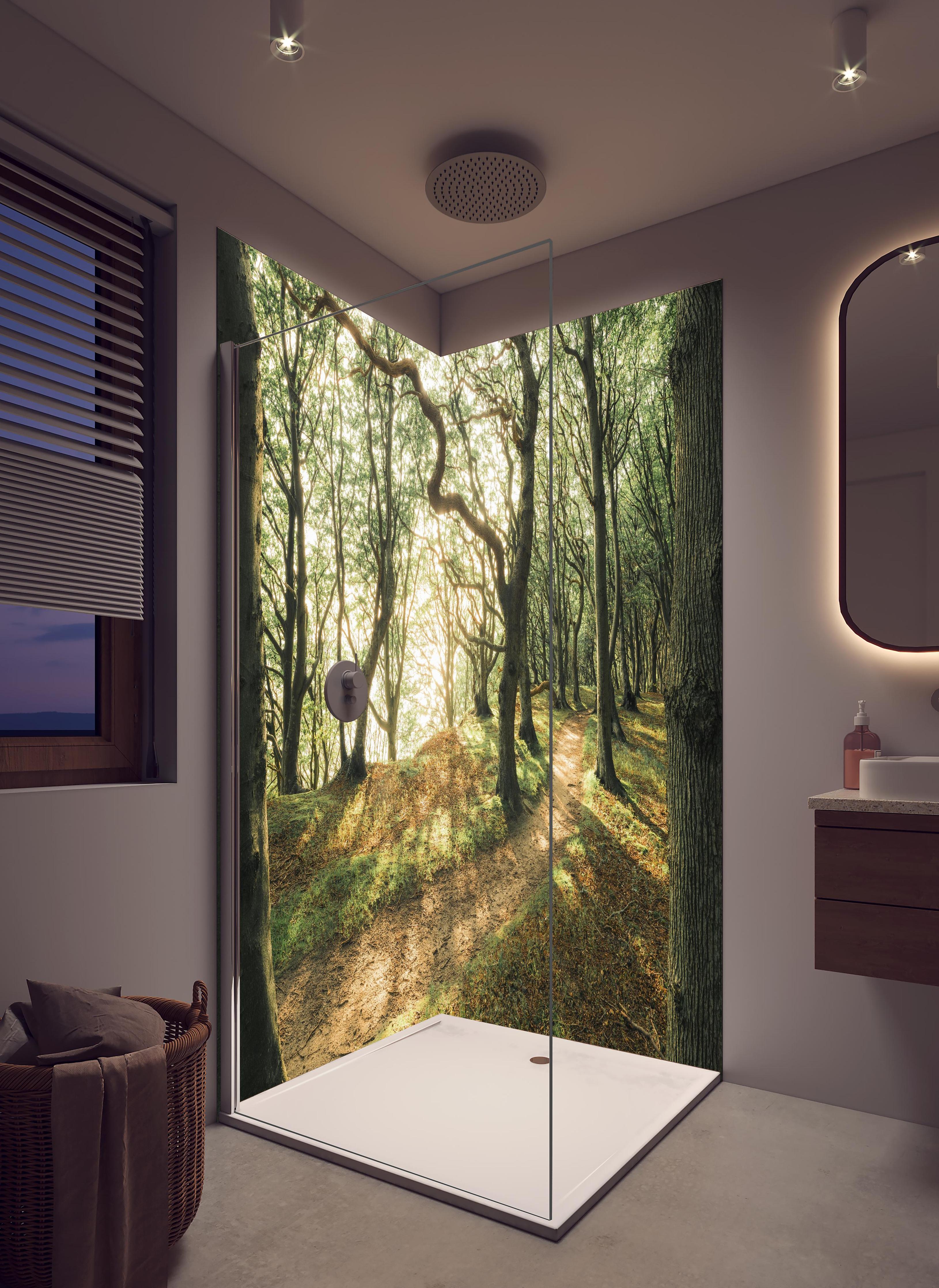 Duschrückwand - Sonnenstrahlen im Waldweg in hellem Badezimmer mit Regenduschkopf - zweiteilige Eck-Duschrückwand