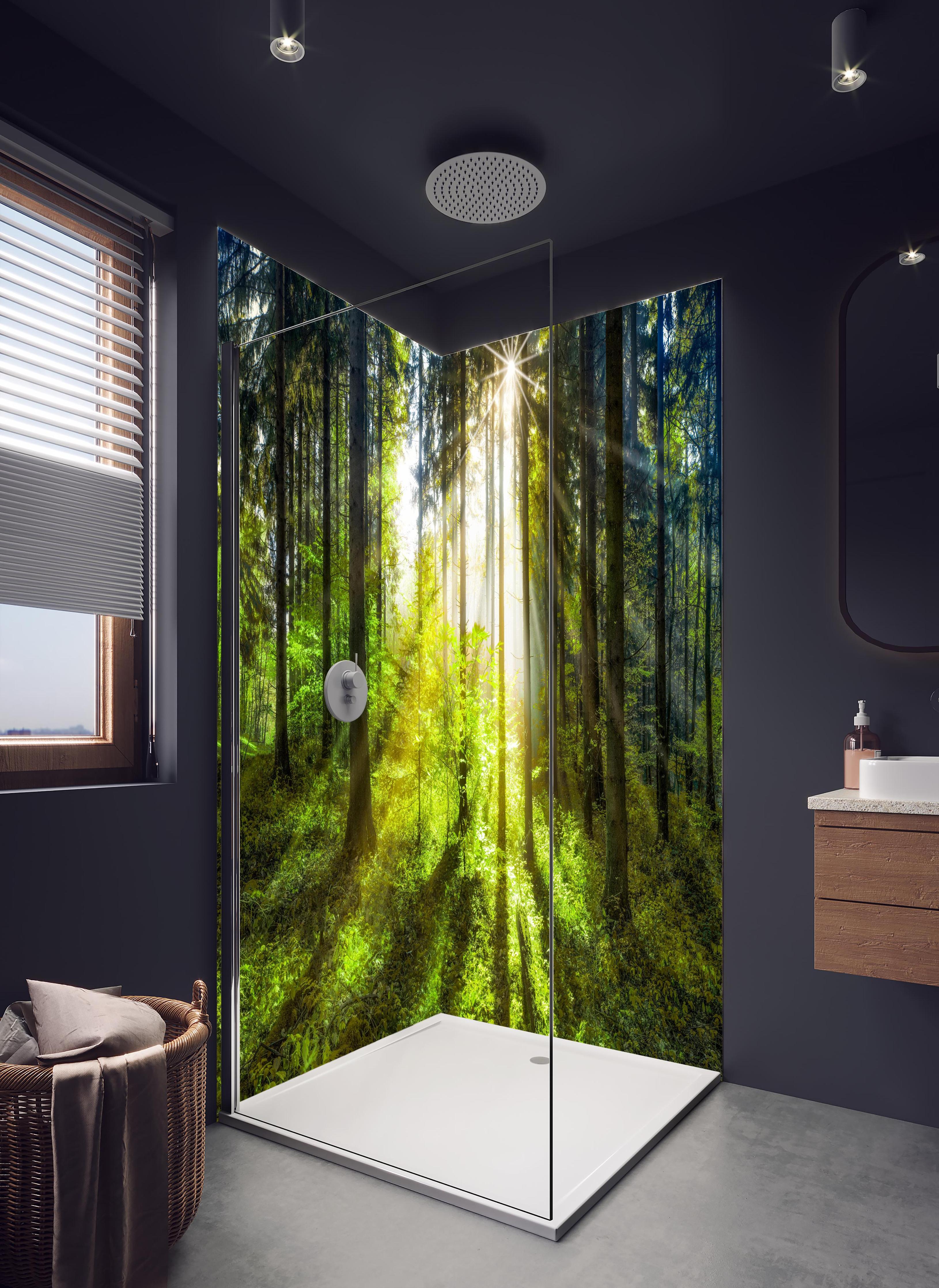 Duschrückwand - Sonnenstrahlen im lebendigem Wald in hellem Badezimmer mit Regenduschkopf - zweiteilige Eck-Duschrückwand