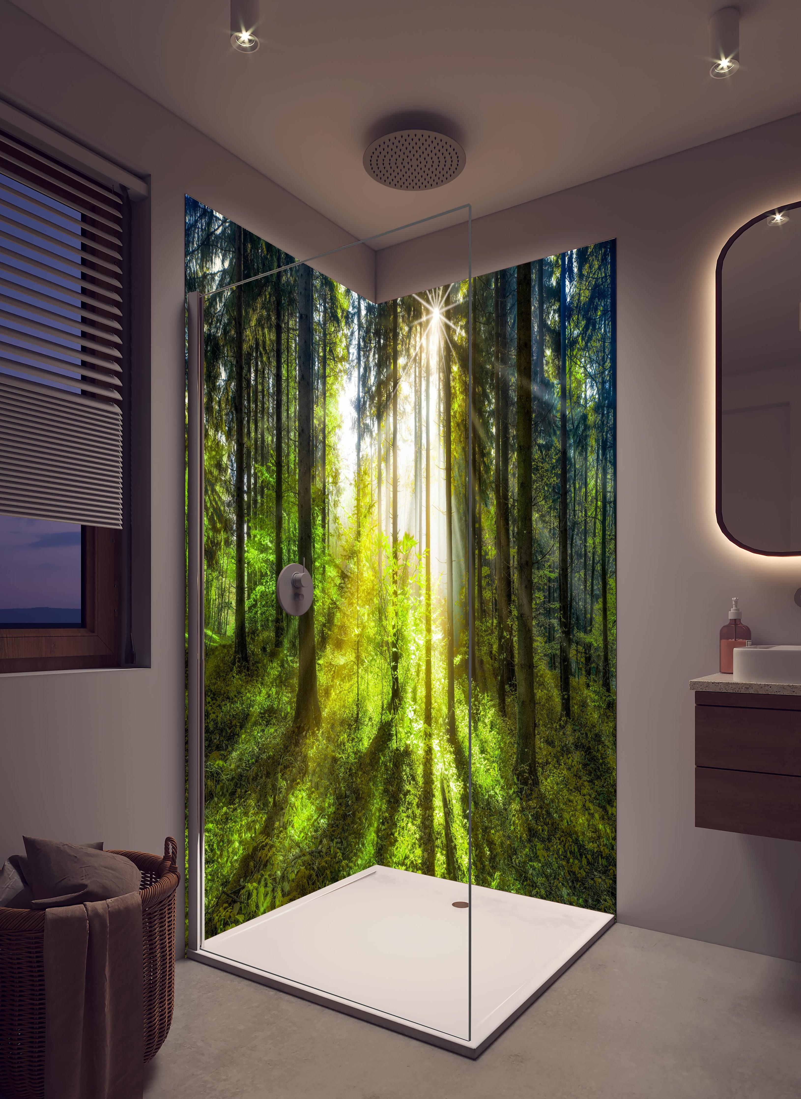 Duschrückwand - Sonnenstrahlen im lebendigem Wald in hellem Badezimmer mit Regenduschkopf - zweiteilige Eck-Duschrückwand